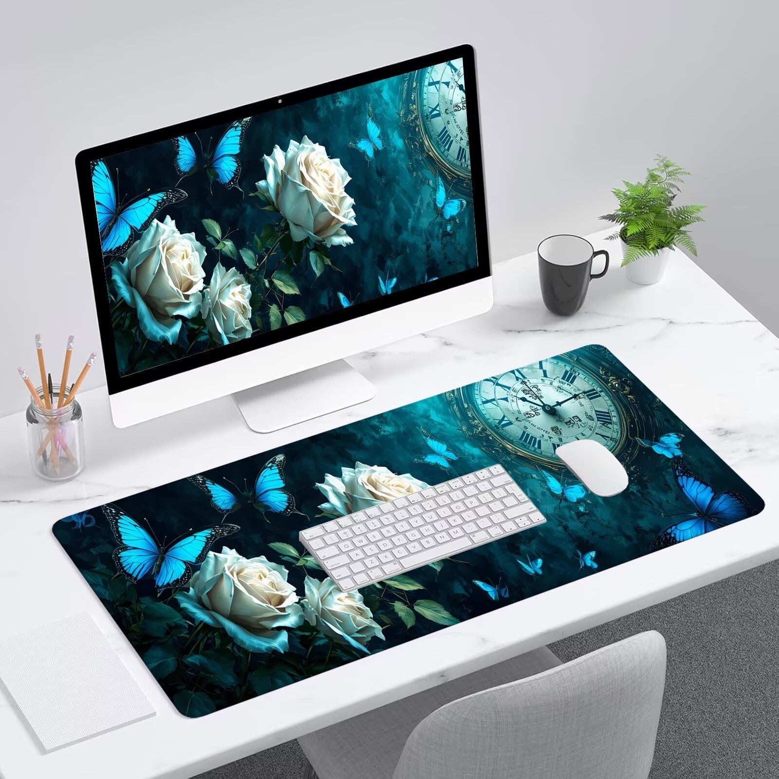 Blu Tappetino Mouse Gaming, Tappetino Mouse XXL 1200 x 500 mm, Tappetino Mouse Fiore, Mouse Pad con Base Antiscivolo, Bordi Cuciti Tappetino per Mouse, Tappetino Mouse Gaming di Alta Precisione S-382