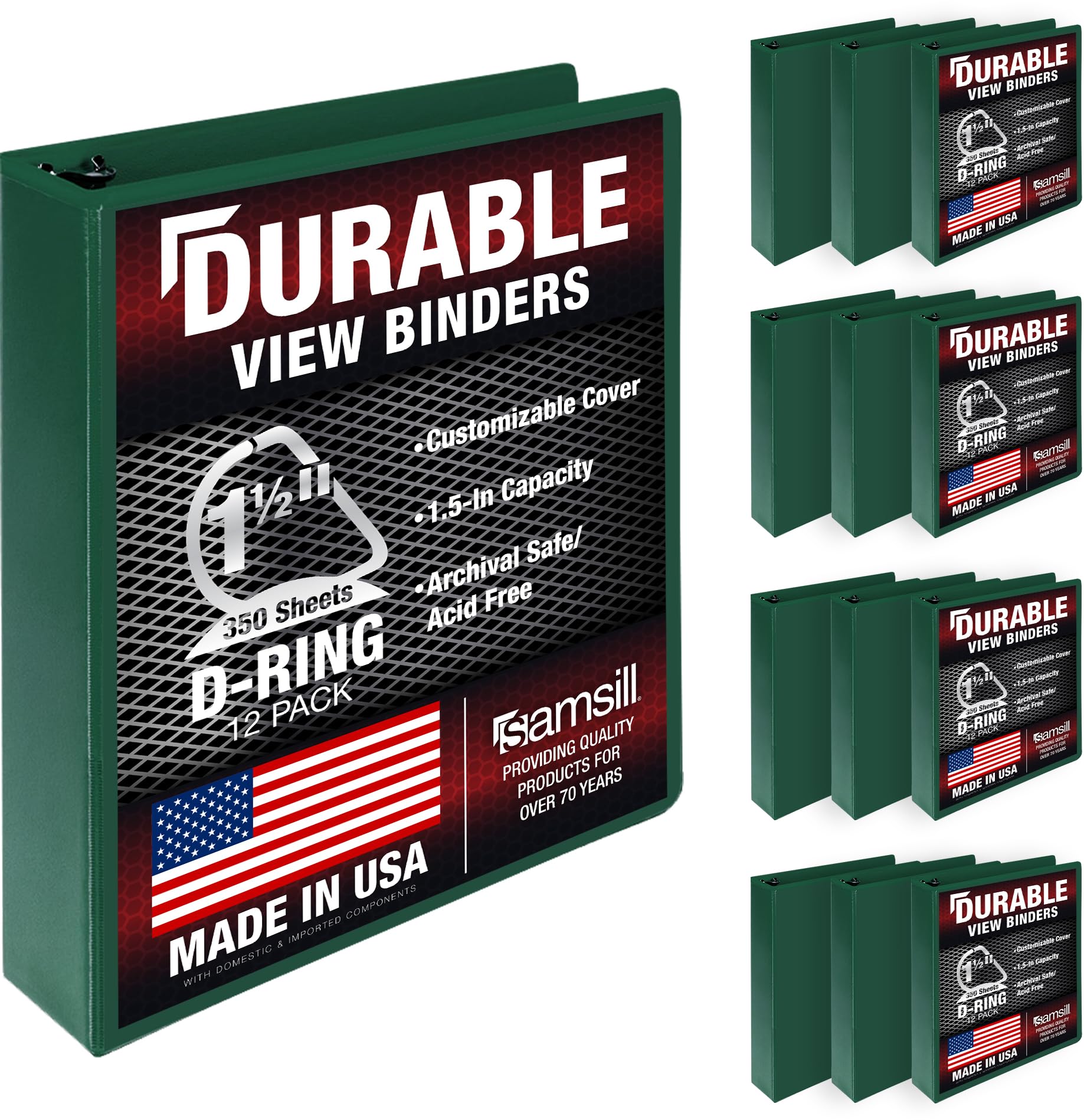 Samsill Durable 1.5 inch 3 Ring Binder, D Ring Binder, 100% Recycled Chipboard, Green, 12 Pack
