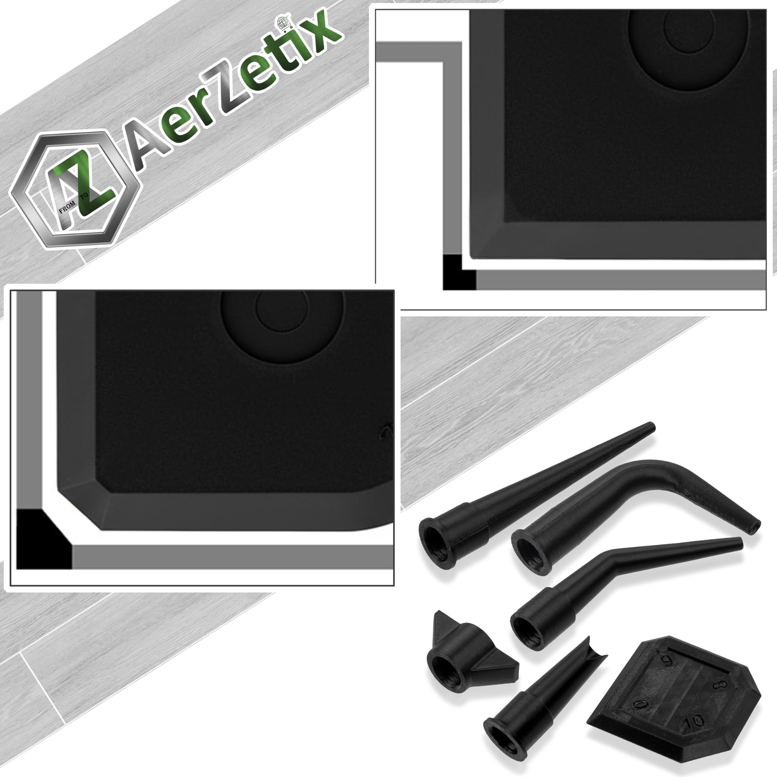 AERZETIX - Kit di 4 beccucci (2 dritti, 1 a 140°, 1 a 90°) per cartuccia di silicone + 1 spatola per lisciare le giunzioni + 1 tappo | in plastica nera