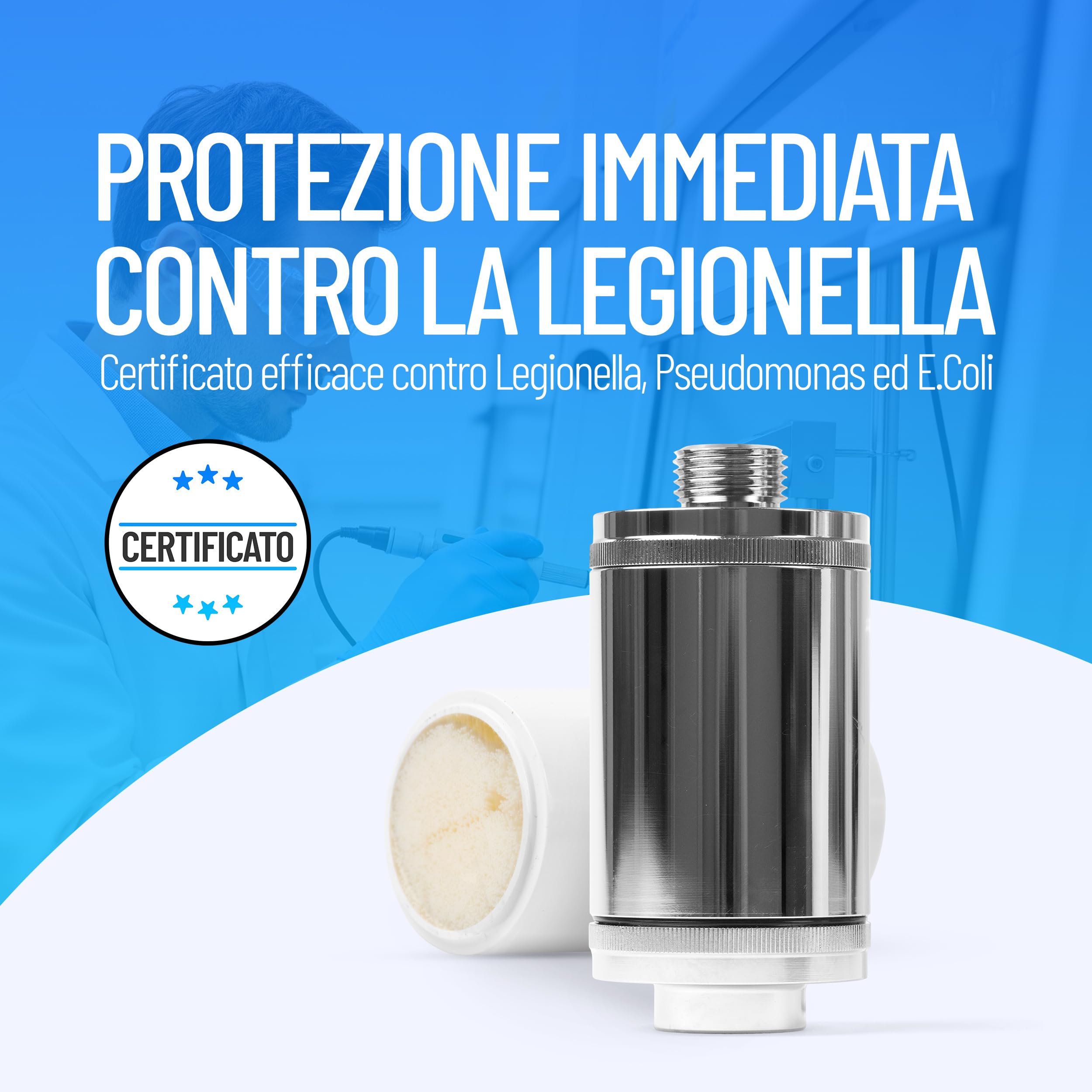 Filtro antilegionella LONGLIFE per doccia | Protezione antilegionella certificata | Set completo con filtro sostituibile