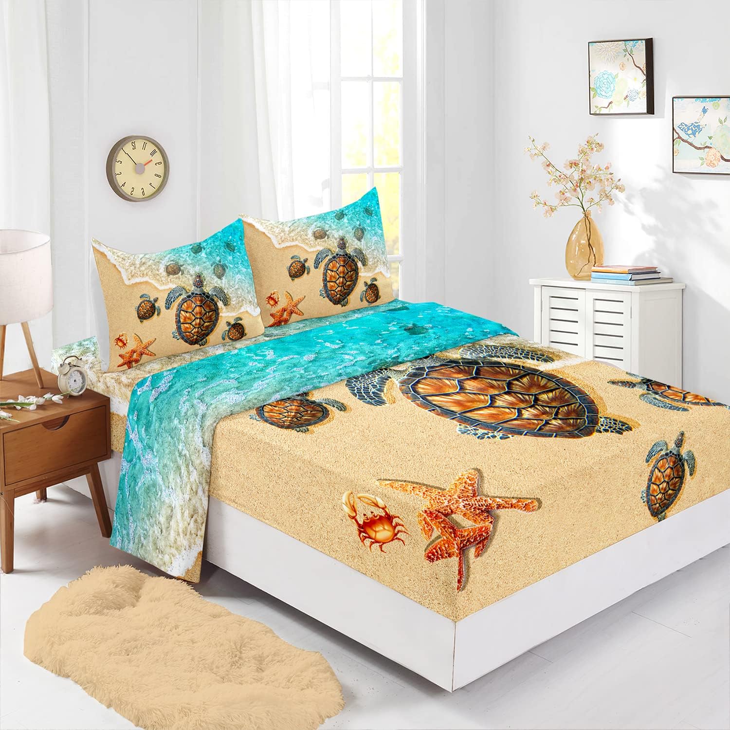 CVHouse Sea Turtle Bed Sheets Sets Queen Size,Ocean Beach