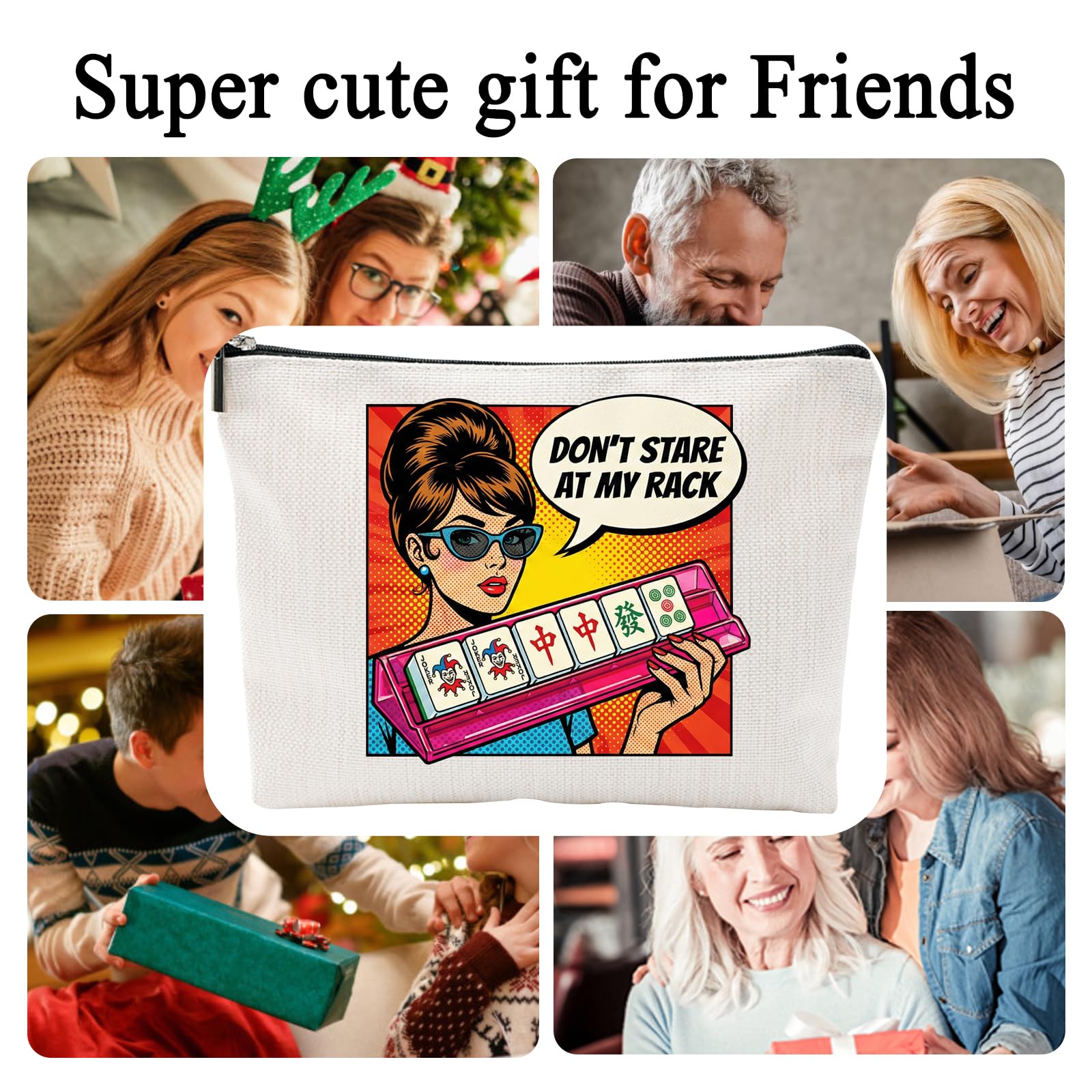 ZUYUROU Funny Mahjong Gifts for Women - Don't Stare At My Rack Makeup Bag - Retro Pop Art American Mahjong Accessories - Zipper Pouch for NMJL Card, Tiles, and Cosmetics - Unique Game Night Prize