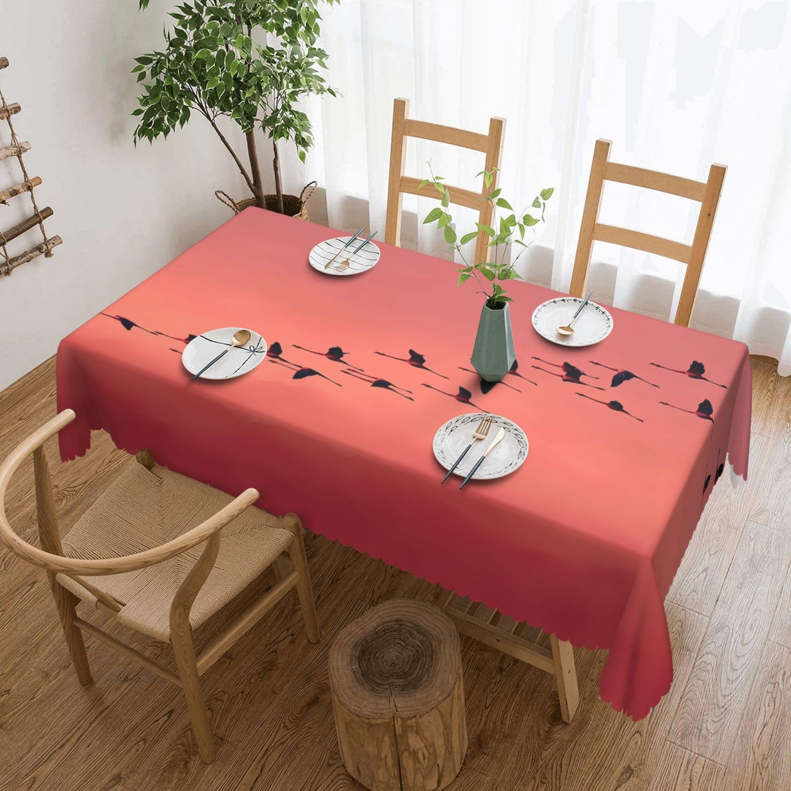 QAZWZML Sunset and birds Printed tablecloth, made of thick polyester with lace trim, suitable for dining rooms, picnics, and weddings