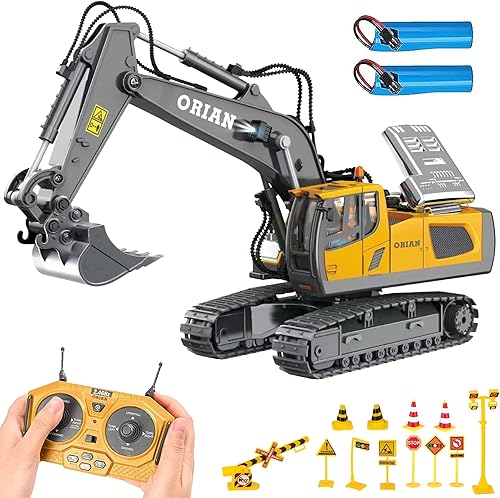 Orian Excavadora de juguete con control remoto para niños de 4 a 7 años Excavadora RC gira 680 grados 2 baterías Juguetes de excavadora para