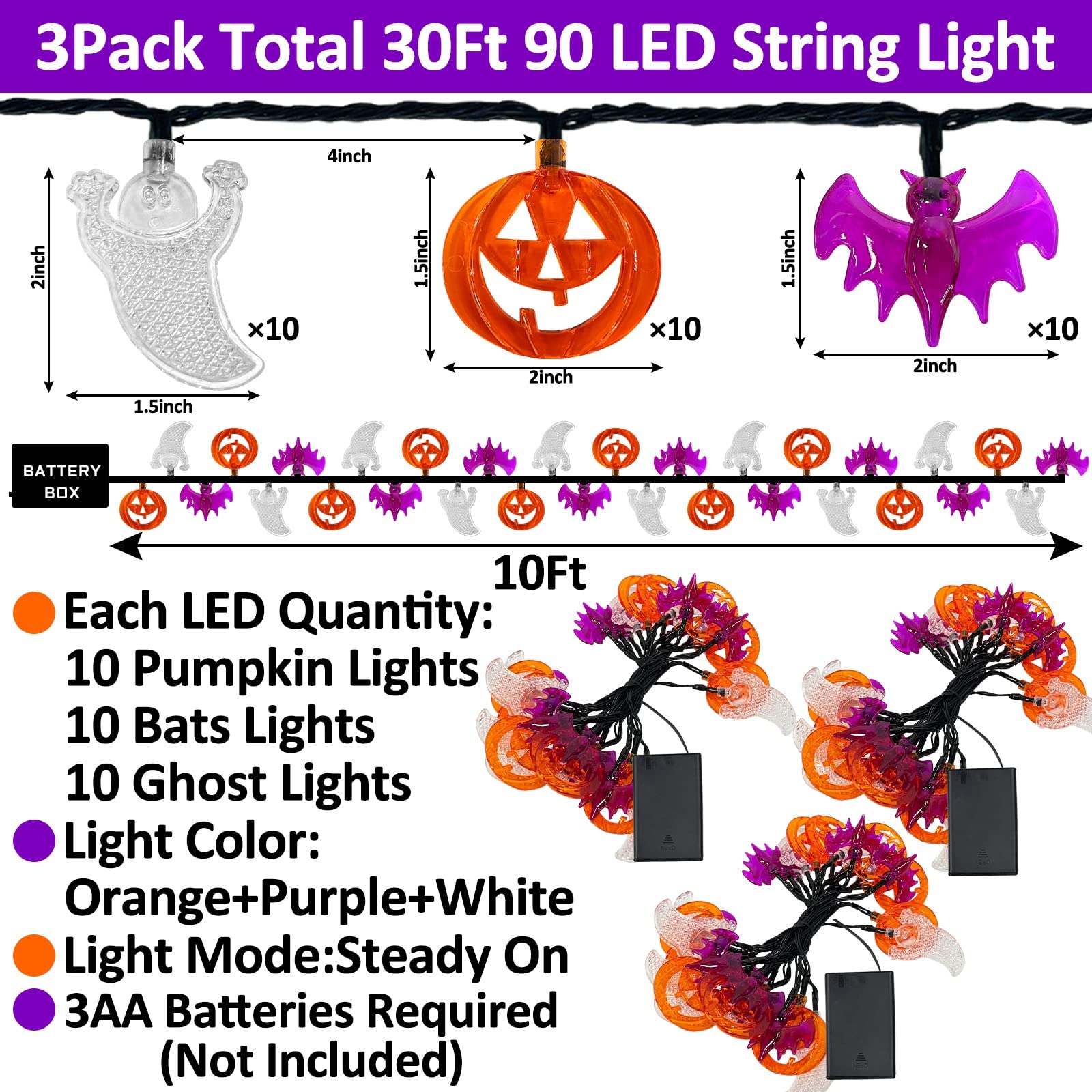 [Timer & 3 Pack]Halloween Lights Total 30Ft 90LED Halloween Decorations Indoor 3 in 1 Orange Pumpkins Purple Bats White Ghost Halloween String Lights Battery Operated for Home Outdoor, 10Ft 30LED Each