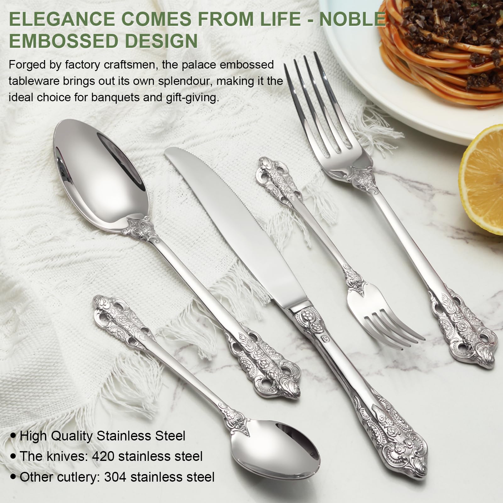 BEWOS Set Posate Palazzo d'Argento 30 Pezzi, Posate Acciaio Inox, Manici in Rilievo, Posate per Famiglia e Banchetti, Confezionati in Regalo, Lavabili in Lavastoviglie