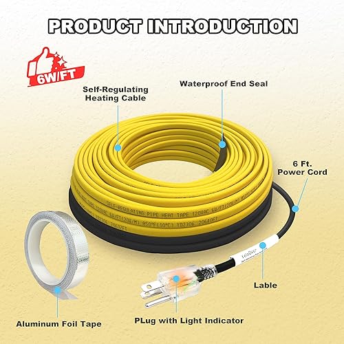 Miniatura 5 de Cable de calor de tubería para protección contra congelación de tuberías de agua, cinta térmica autorregulable para tuberías de metal y plástico,