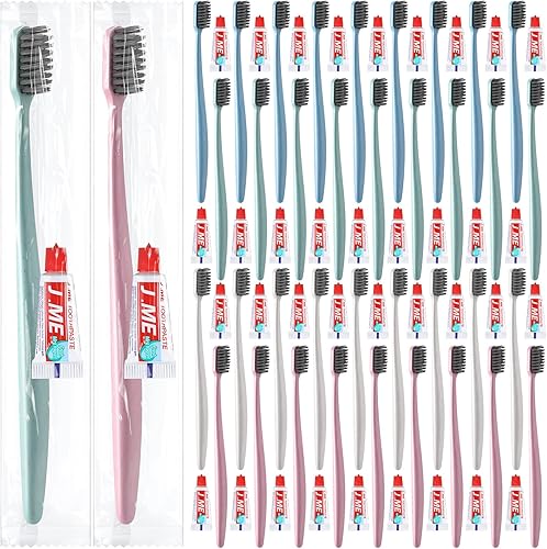 Baderke 100 cepillos de dientes desechables con pasta de dientes envueltos individualmente, kit de cepillo de dientes de viaje desechable de un solo