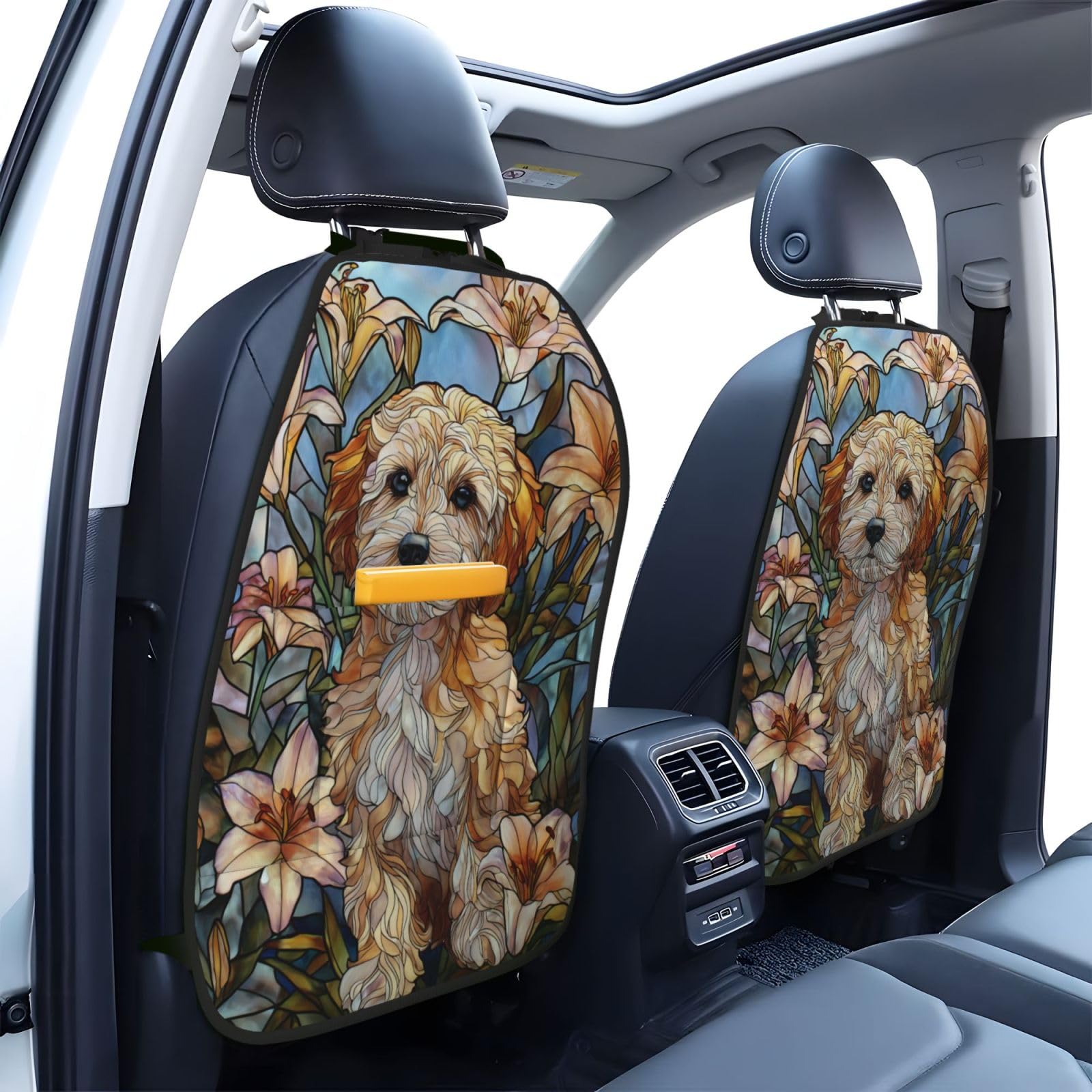 Stained Glass Cockapoo Dog Floral Lilies Car Seat Back Kick Protectors,2 Pack Kick Mats With Storage Pockets For Vehicles To Protect From Dirt Mud Scratches