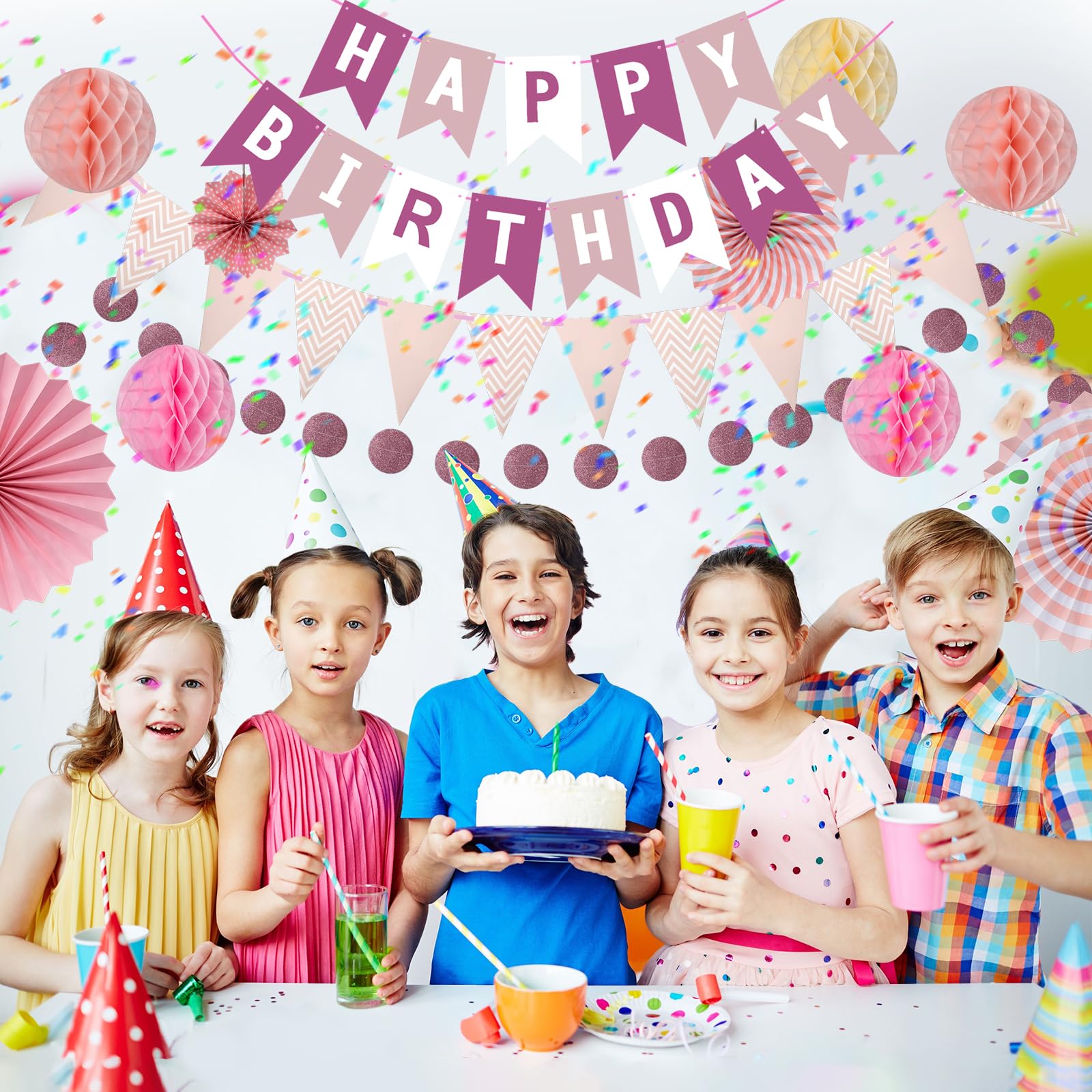 Meowoo Verjaardagsfeest Decoratie, Macaron Pastel Verjaardags Decoratie Set - Geef Leve Het Banner, 2 Verjaardagslinten, 6 Hangende Papiervlinders, 5 Honingkom Decoraties voor Meisjes en Vrouwen