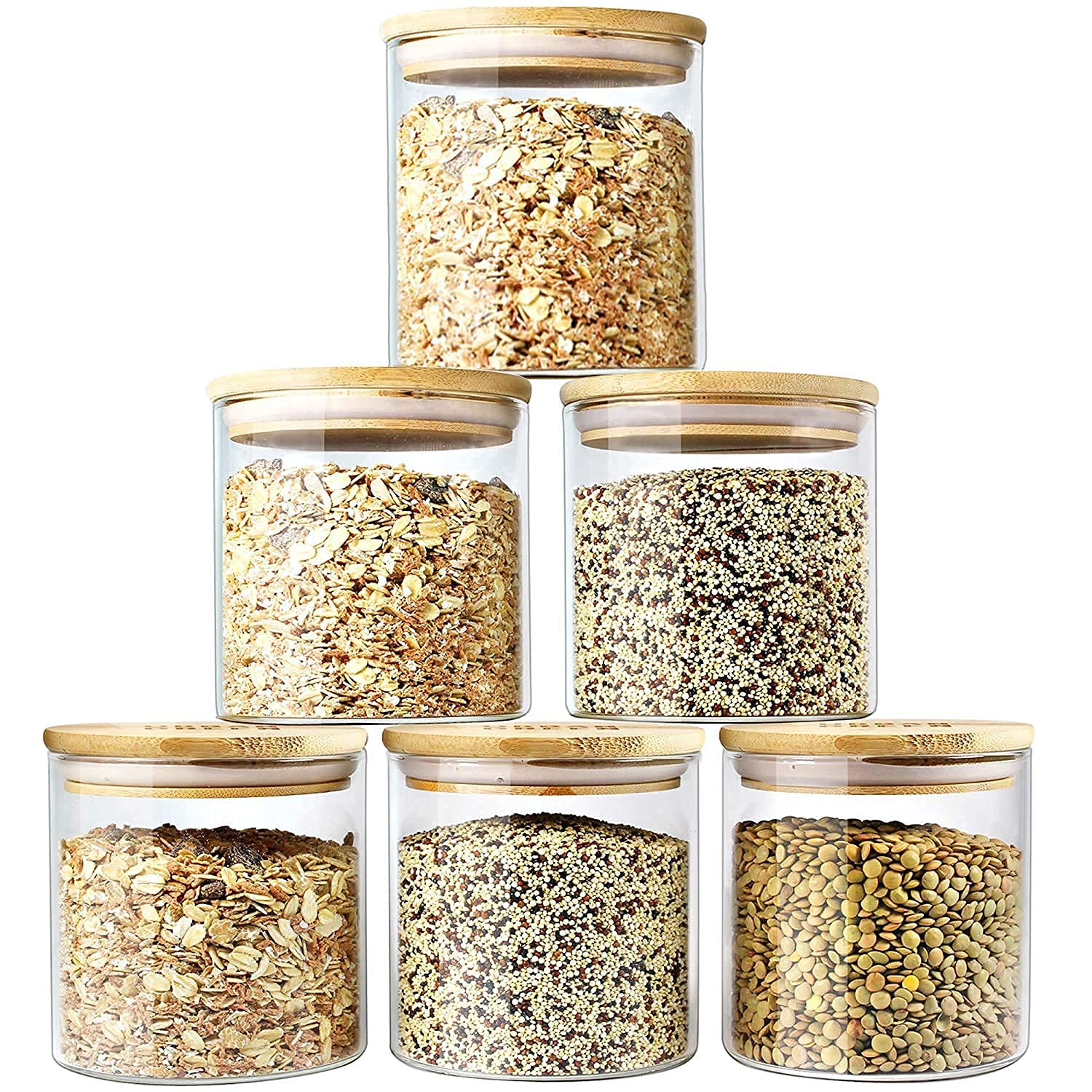 Jinelza 500ml Round Glass Jar With Wooden lid Round Shape Kitchen Food Storage Glass Jars & Containers with Wooden Lid - for Noodles, Flour, Cereal, Rice, Sugar, Tea, Coffee etc (6 PCS SET)