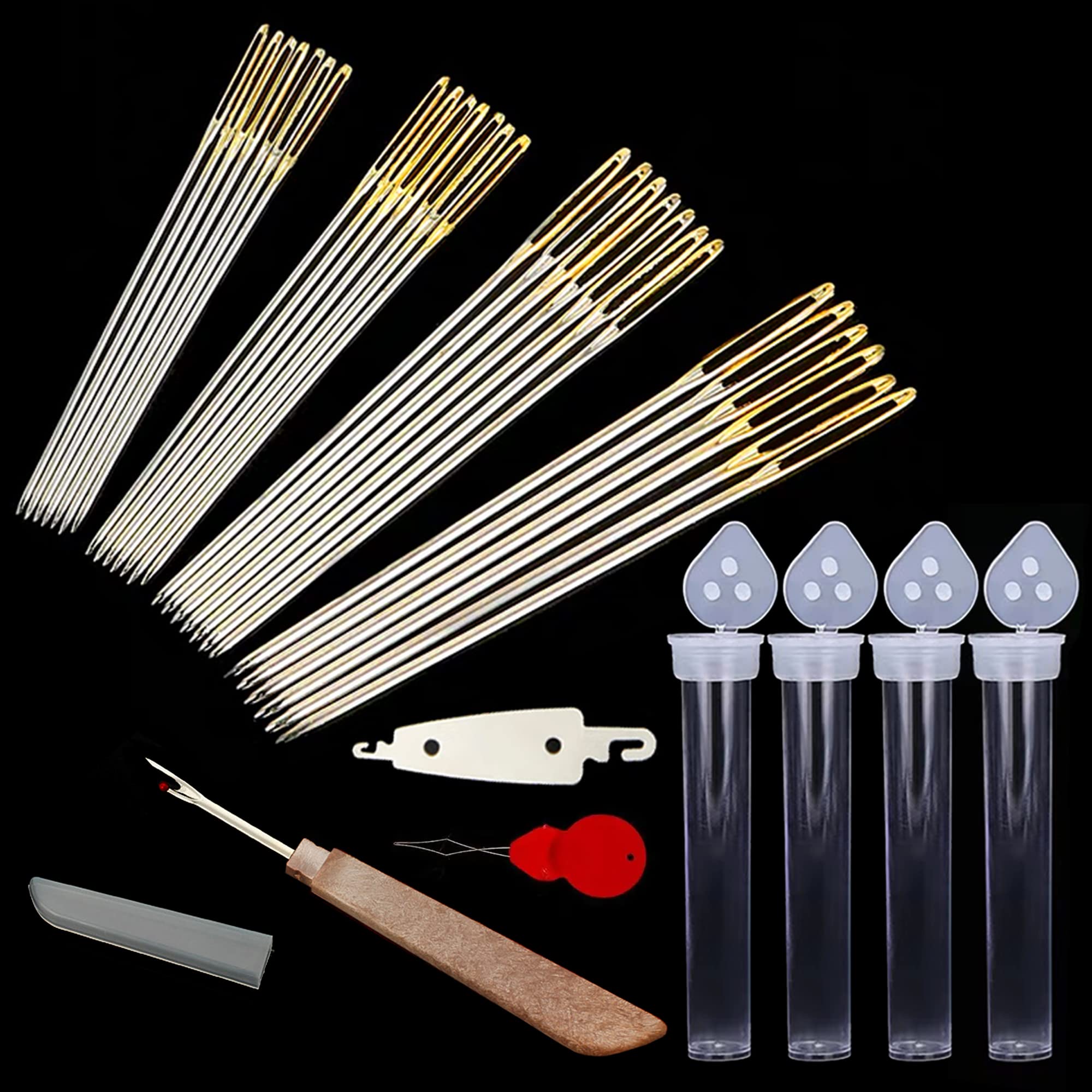 80pcs Cross Stitch Needles Golden Large Eye Embroidery Hand Sewing Needles with Threader Thread unpicker for Cross Stitching (Size 22 24 26 28)