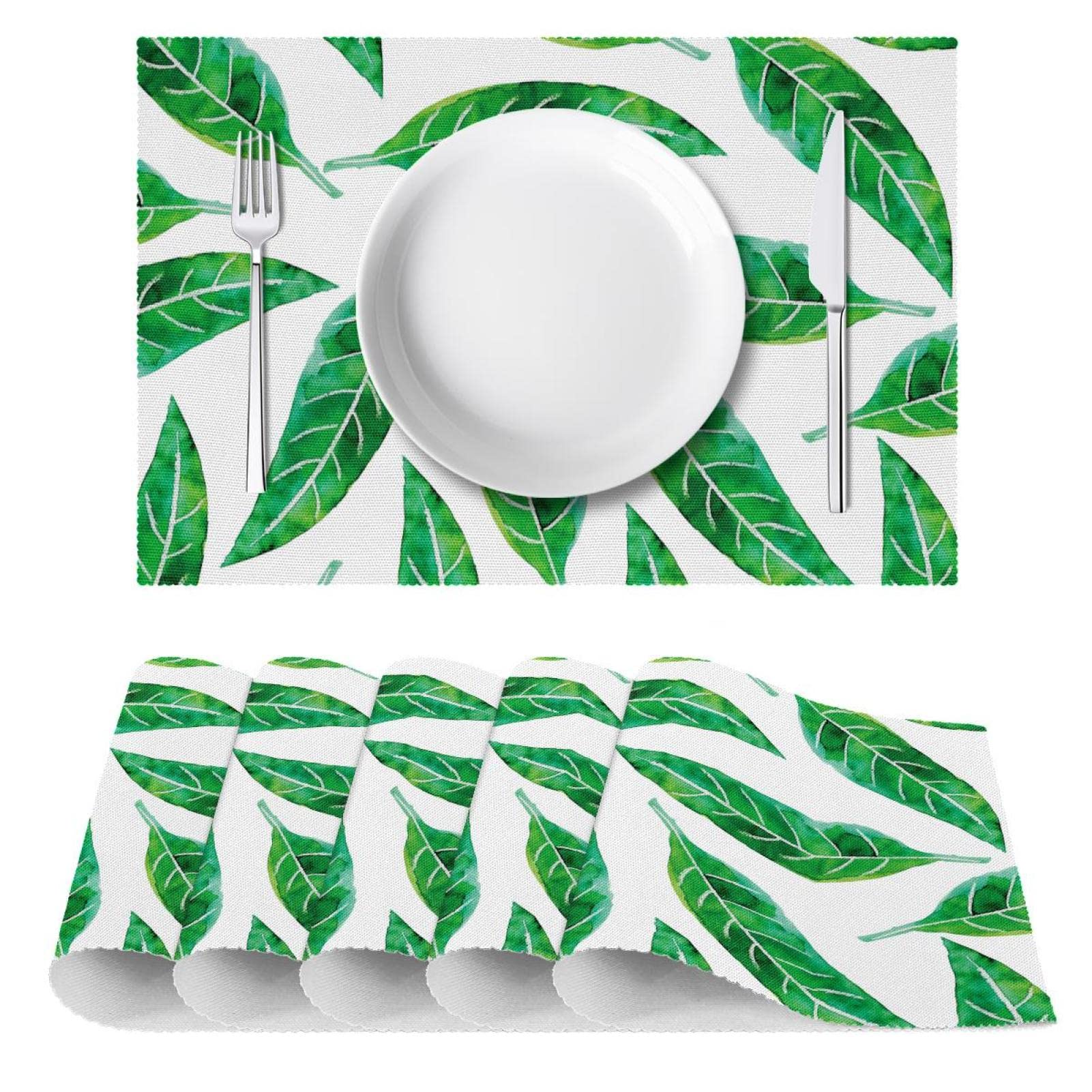 Lot de 4 sets de table résistants et lavables pour la maison et le restaurant Motif feuilles aquarelles Vert 45 x 30 cm