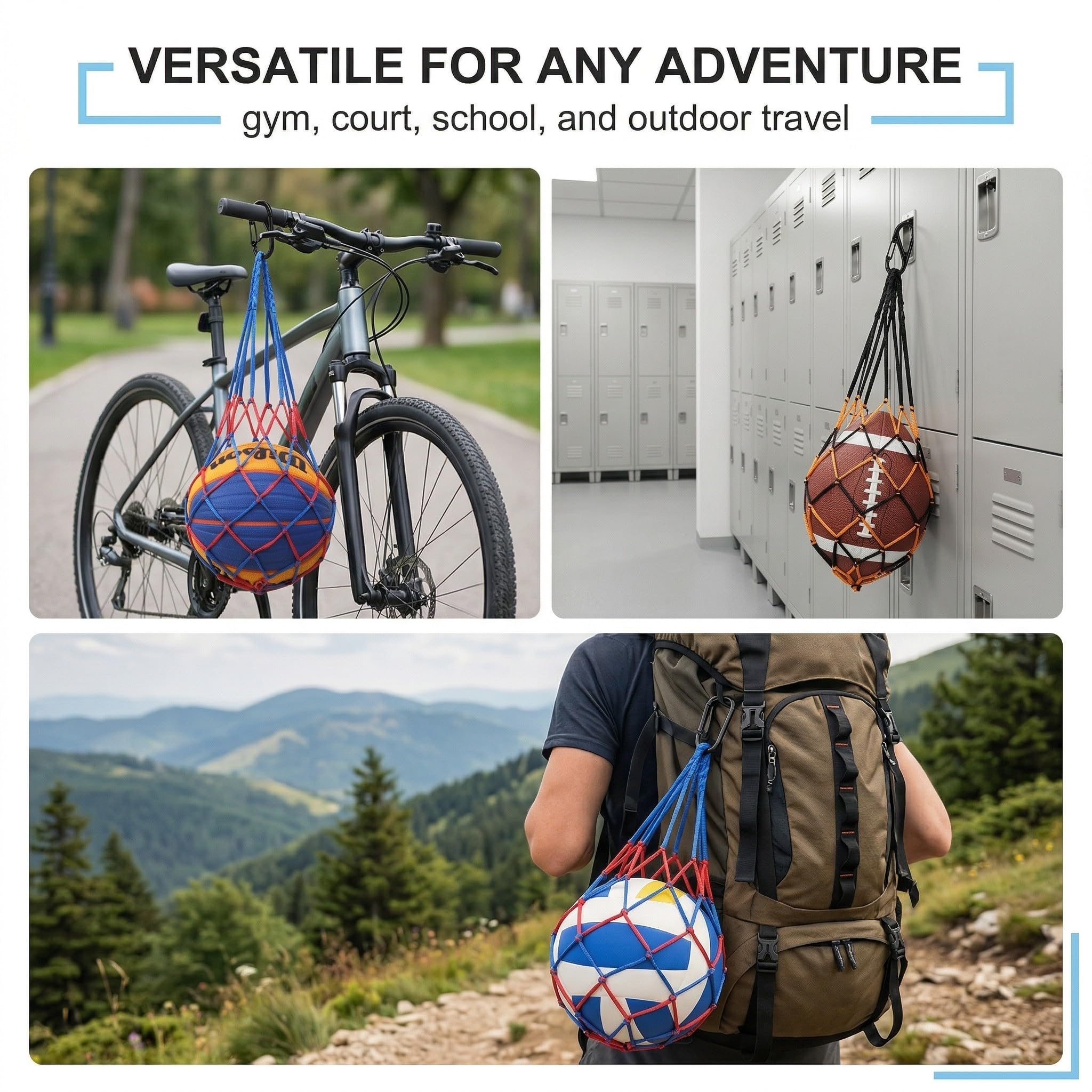 Bolsa de red con mosquetón para balones de baloncesto, fútbol o voleibol, portátil para 1 balón, negra