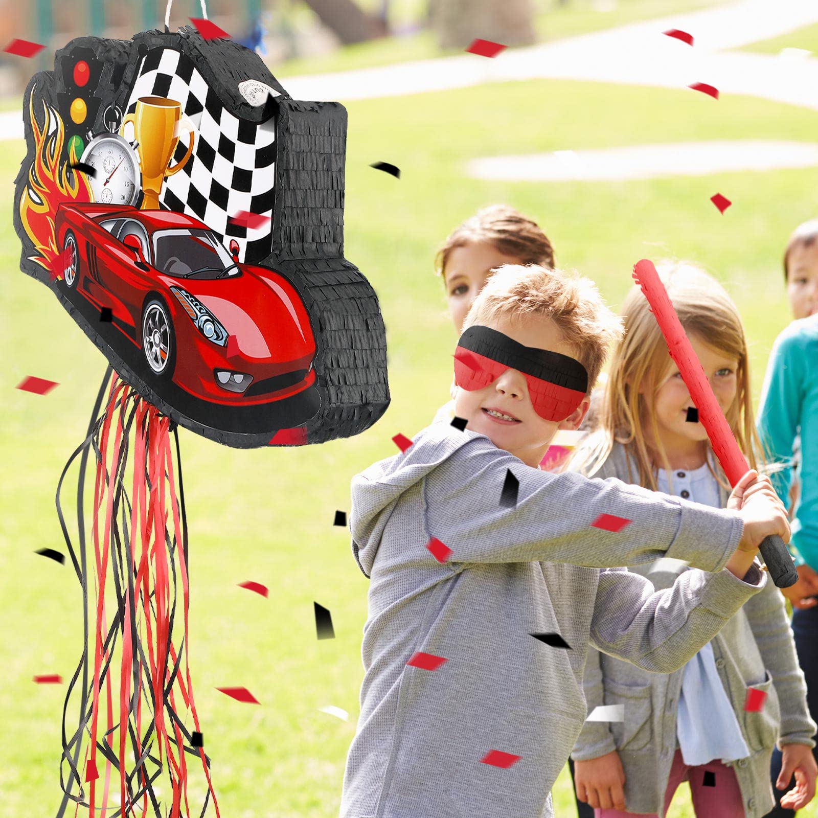Seematn Race Car Piñata Bundle with a Blindfold, Bat and Confetti Birthday Party Supplies Small Racing Piñata for Kids Boy Construction Party Favors Decor