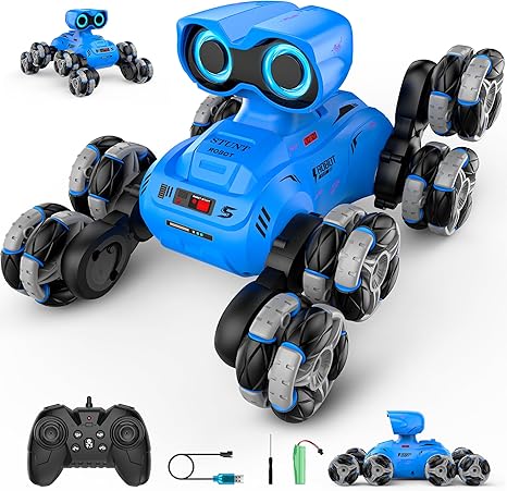 Robot Toys, 8-Wheel Stunt Remote Control Car with Auto-Demonstration, 360° Rotation, LED Eyes, Music, 2.4Ghz, All Terrain Rc Cars, Remote Control Car for Boys 4-7 6-8 8-12
