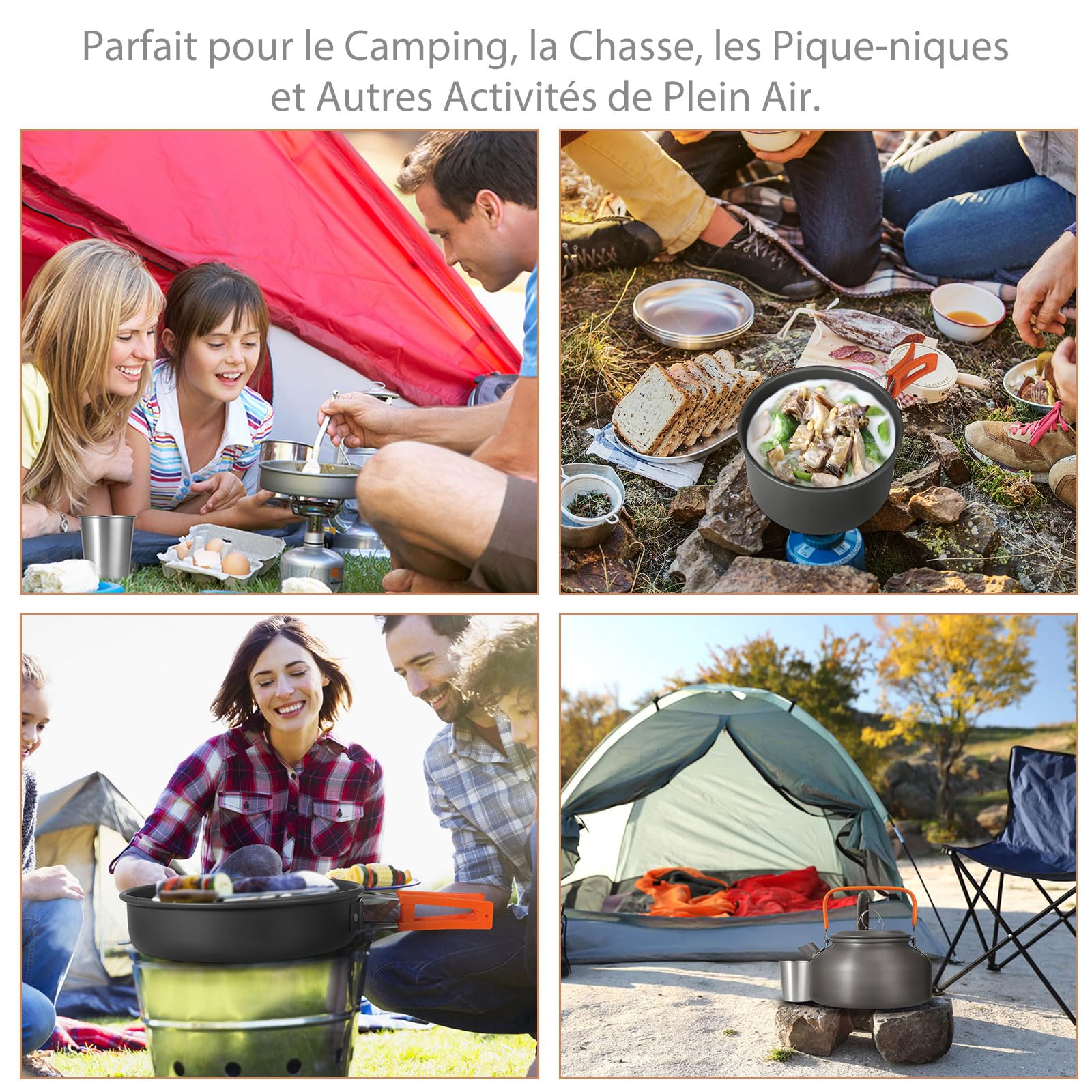 Accessoire Camping, HOMGEN Multi-PCS Kit de Casseroles Camping Légère pour 2 à 3 Personnes Ustensiles de Cuisine de Camping en Aluminium Durable pour Randonnée Camping Pêche