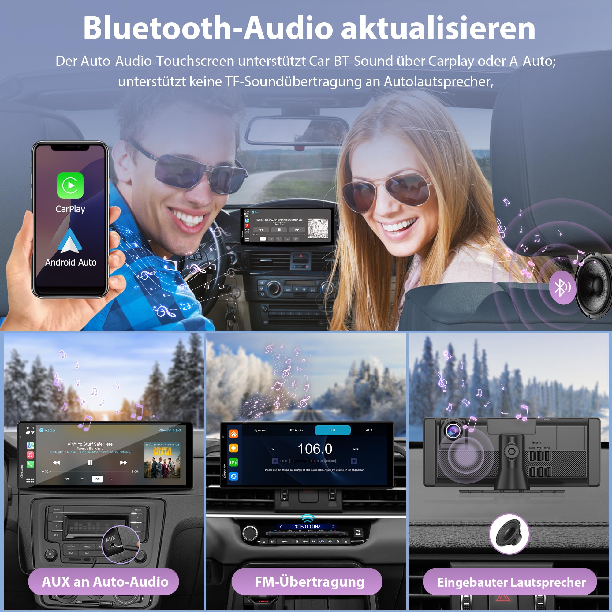CARPURIDE Kabelloses Carplay & Android Auto mit Dashcam – 10.26-Zoll-HD-IPS-Touchscreen fürs Auto, 4K-Front- und 1080P-Rückkamera, Loop-Aufnahme, Bluetooth-Audio, Mirror Link, GPS, Siri
