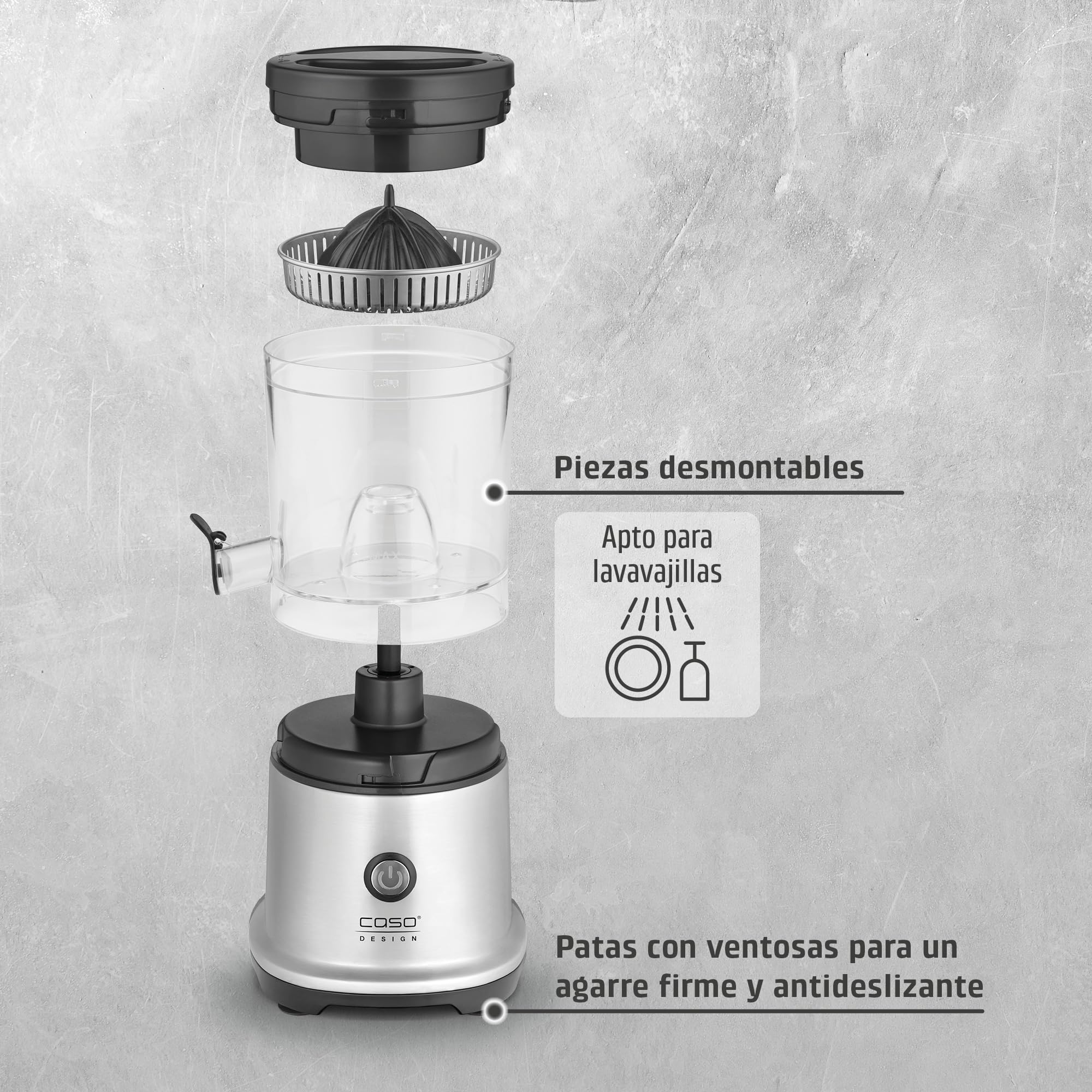 CASO CP 440 Lift Inox - Exprimidor Eléctrico con cono universal para Naranjas y Cítricos, 300W, antisalpicaduras, alta extracción de zumo, pies con ventosa, apto para lavavajillas, acero inoxidable