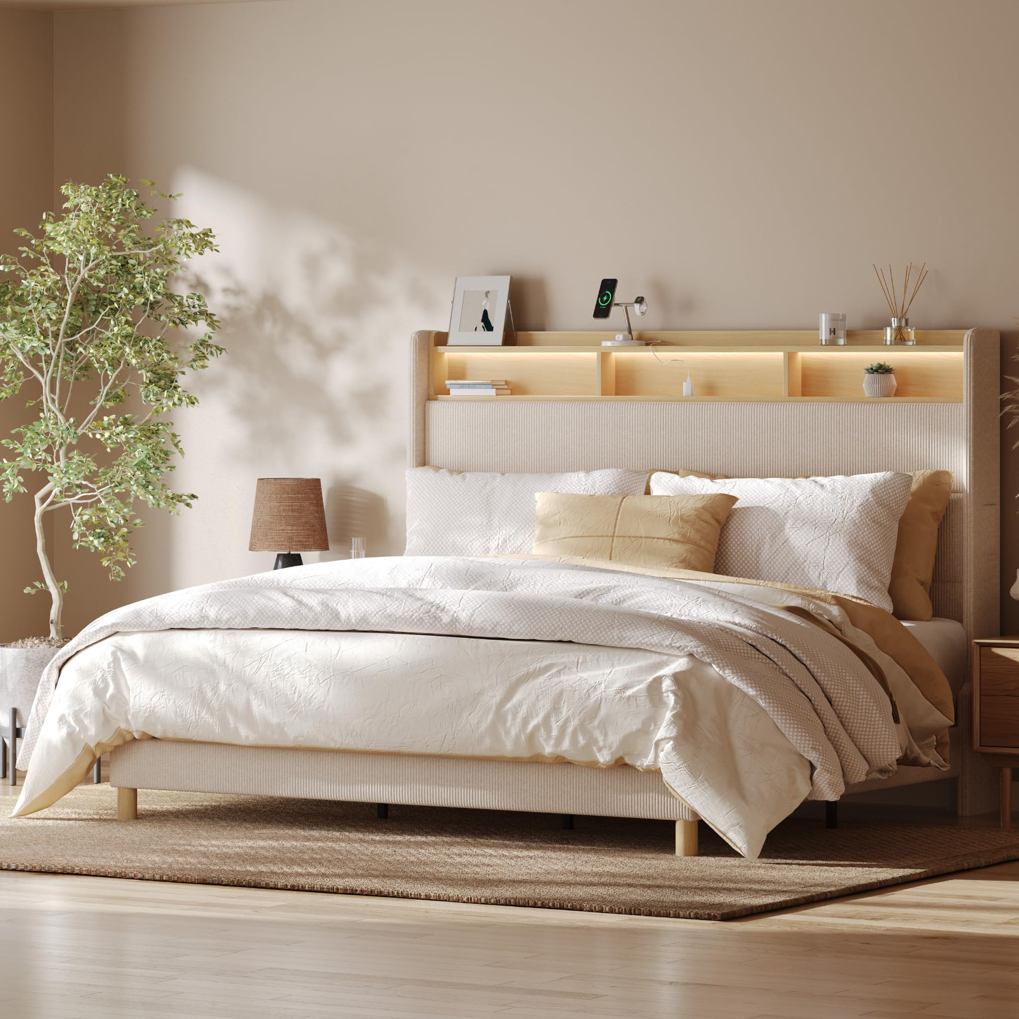 FLEXISPOT 51” King Bed Frame with LED Lights, Charging Station & Storage Shelf, Elegant Corduroy Upholstered Platform Bed with Tall Wingback Headboard