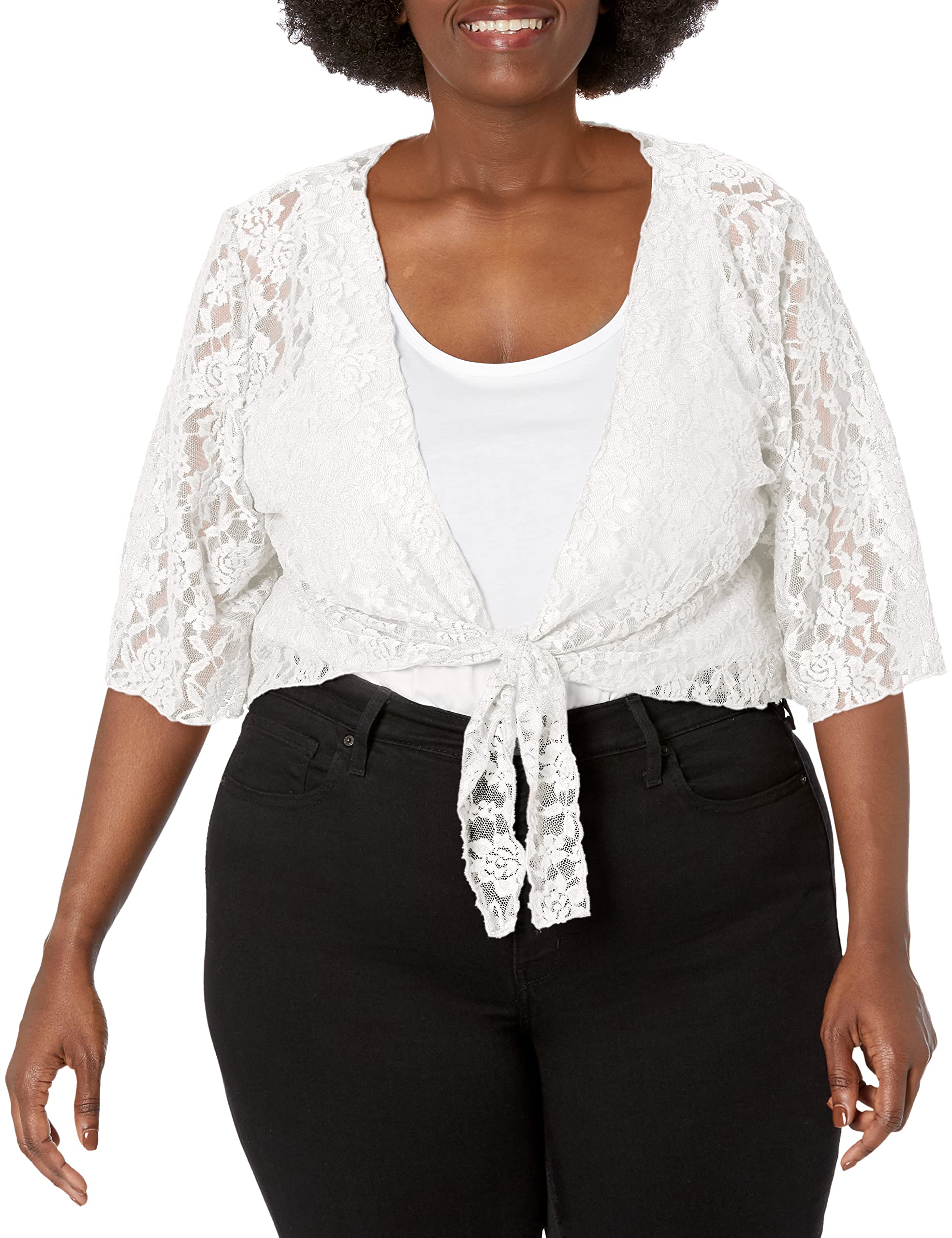 Star Vixen Women's Plus-Size 3/4 Sleeve Lace Tiefront Shrug Sweater