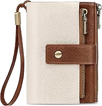 Women's Wallets, Women's PU Leather Wallet with RFID Blocking – 12 Card Slots, 2 Zipper Pockets for Coins and Removable Strap Wallet Woman Small, Brown and White