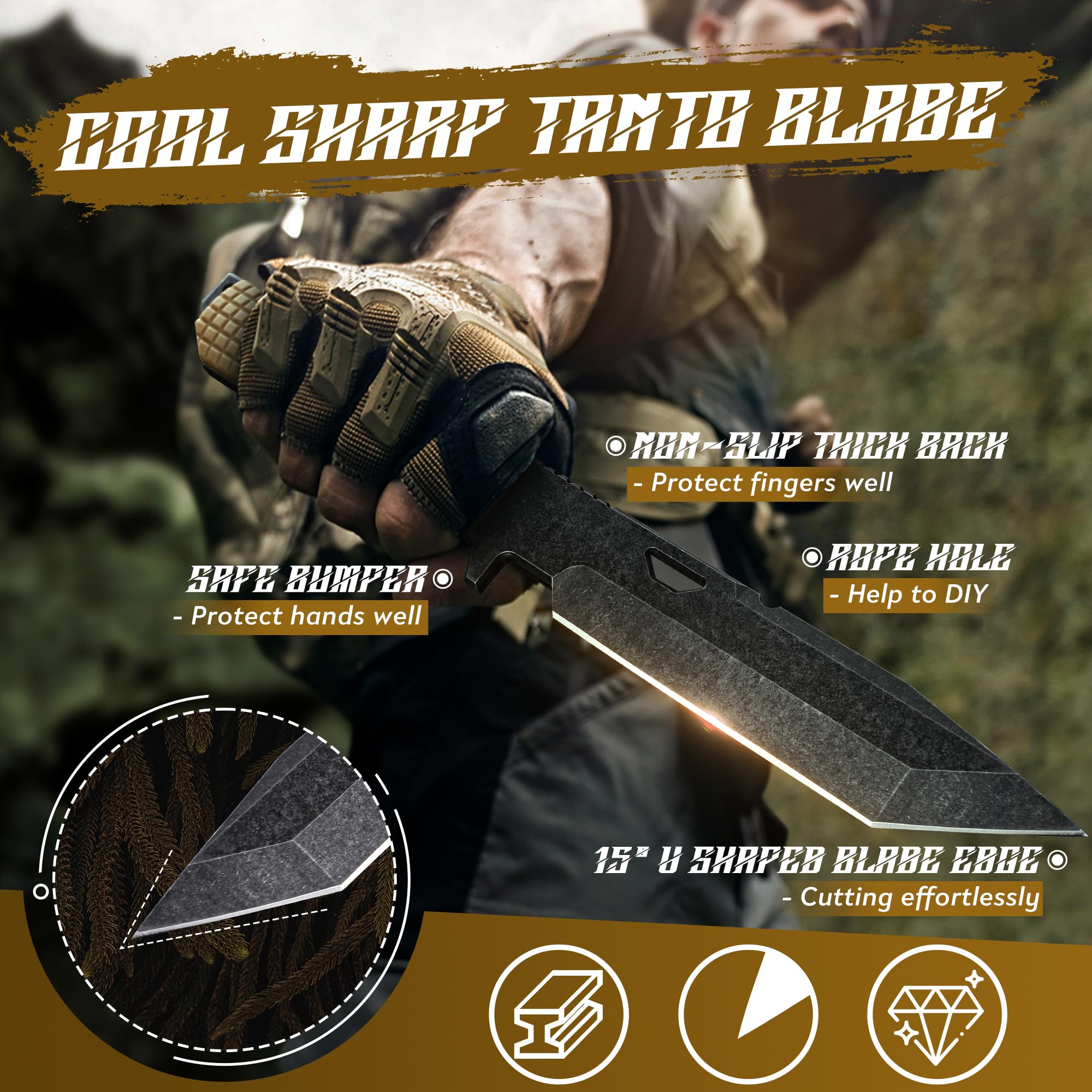 Dragon Creek Tactical Knife Kydex - Outdoor Survival Knife with Sheath D2 Steel Blade G10 Full Tang Handle for Camping Hiking Gift Men Brown