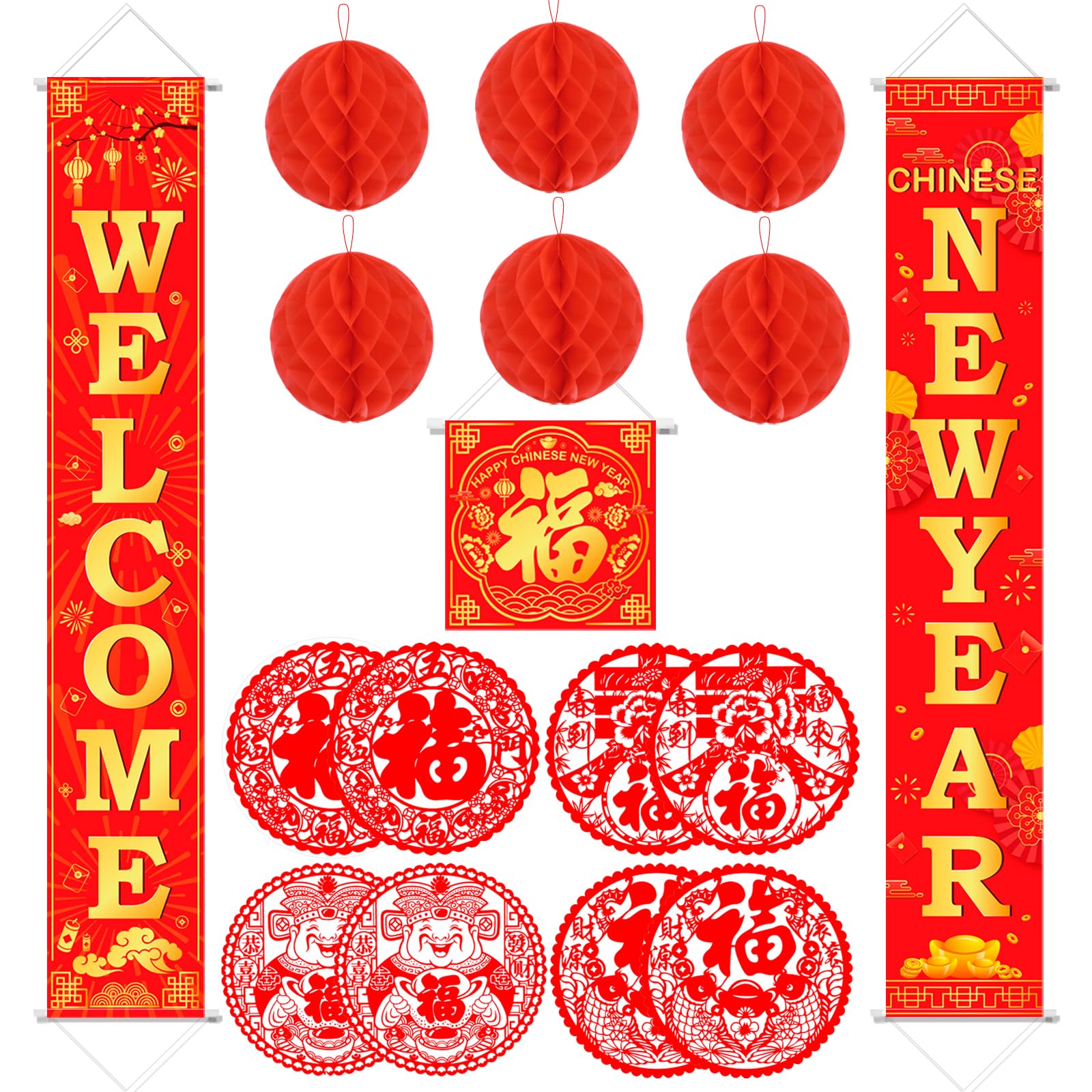 Konsait Chinese New Year Decorations 2025, Lunar New Year Couplets Set Red Lantern Lamps Honeycomb Decor Chinese New Year Decor Fu Window Stickers for Spring Festival