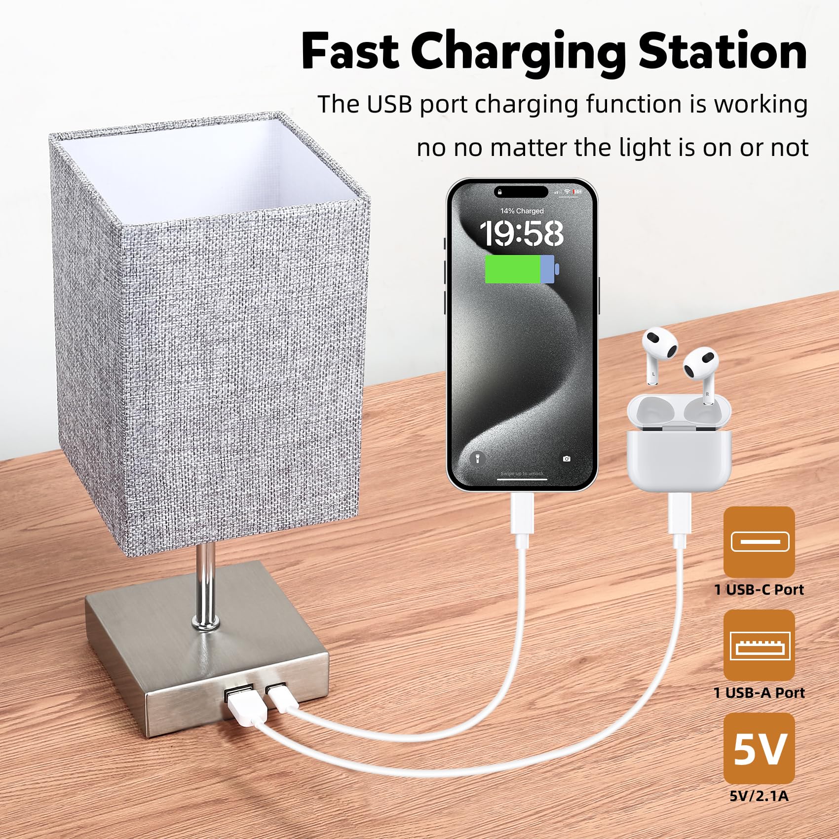 Totofac Touch Bedside Table Lamp, Touch Control Table Lamp with USB-C&USB-A Charging Ports, Lamps 3 Way Dimmable - Image 3