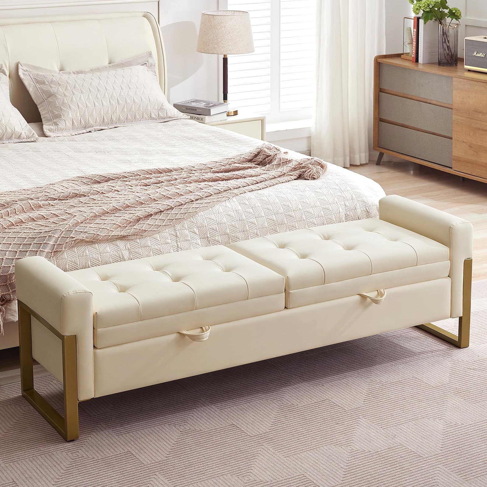 AEMEIOS 67" End of Bed Storage Bench King Size, Upholstered Faux Leather Bench for Bedroom Foot of Bed, Double Lids Storage Ottoman Bench with Golden