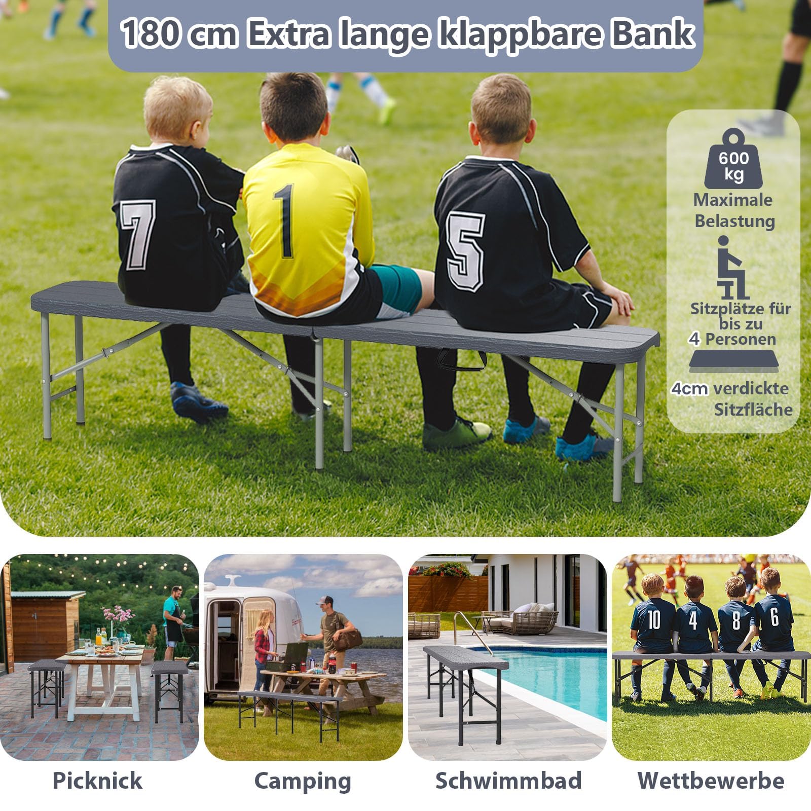 FANTASK Sitzbank aus Kunststoff, Klappbank bis 600 kg belastbar, Bierbank klappbar mit Tragegriff, 180x30x43 cm, Grau