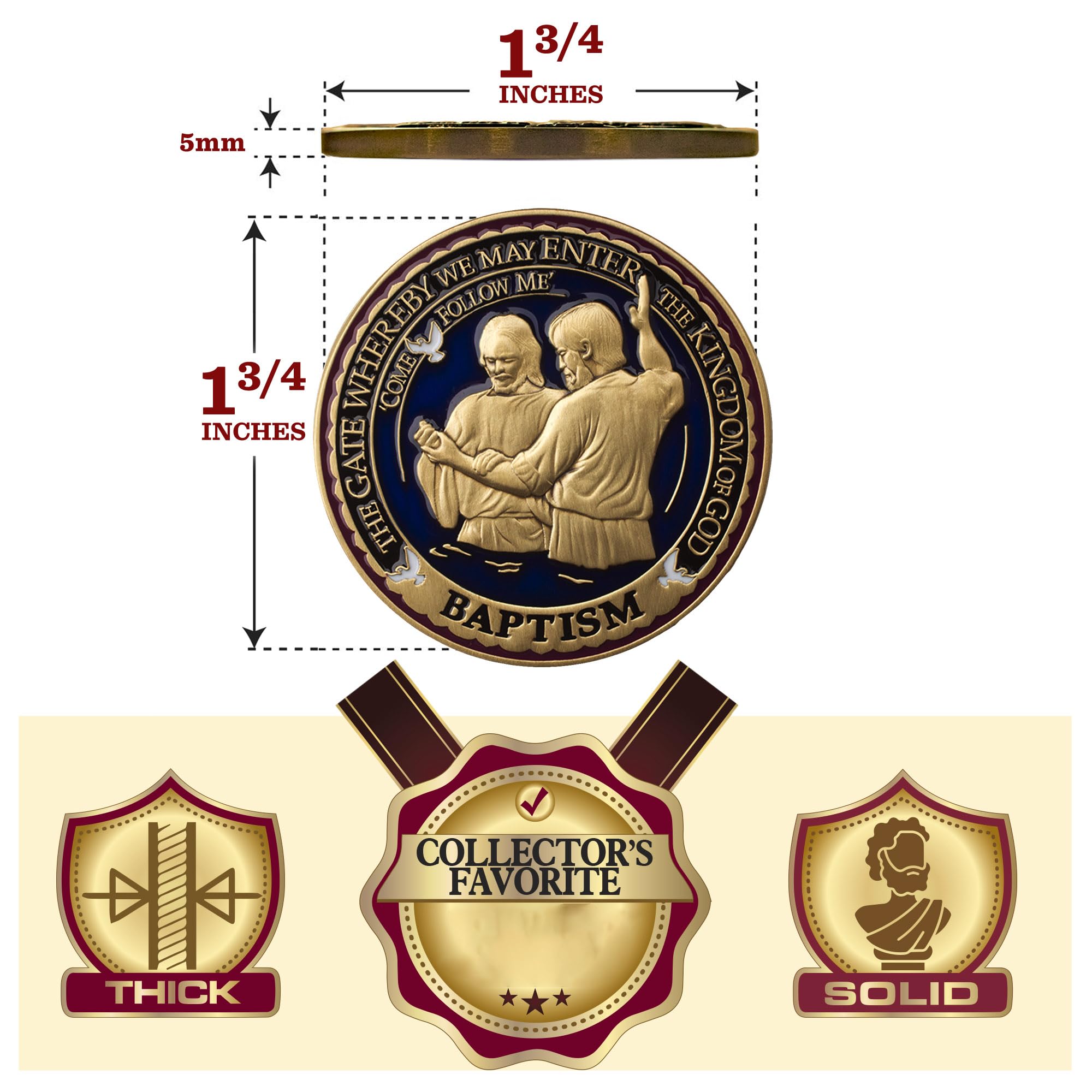 Solid Bronze Baptism Commemorative Coin - Hand Painted LDS Design With Vinyl Pouch