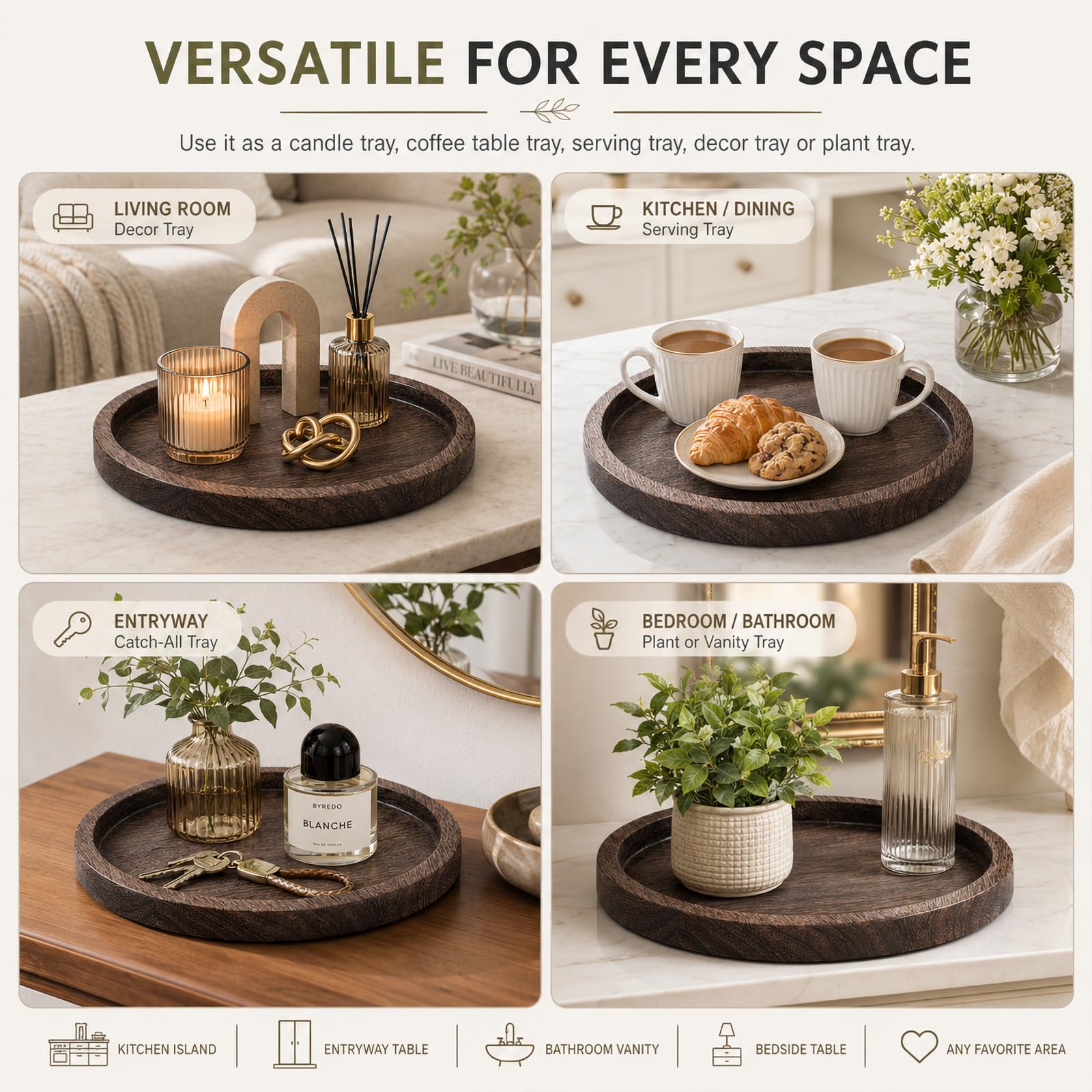 Vassoio Rotondo in Legno Scuro Portacandele, Centrotavola Decorativo Rustico per Tavolino da Caffè Soggiorno Cucina Decorazione Casa