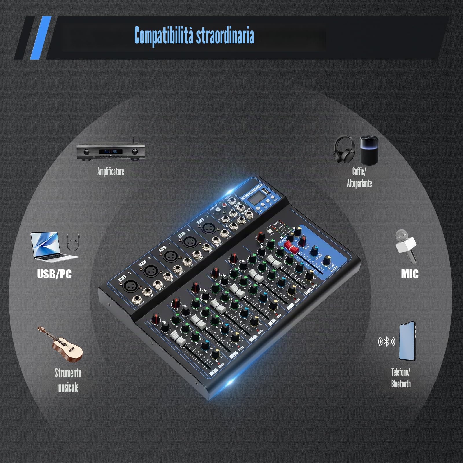 Mixer a 7 canali, mixer DJ mixer audio registratore e USB, 2 microfoni input, porta USB, per microfoni, chitarre, bassi, tastiere, mixer, strumenti, ecc