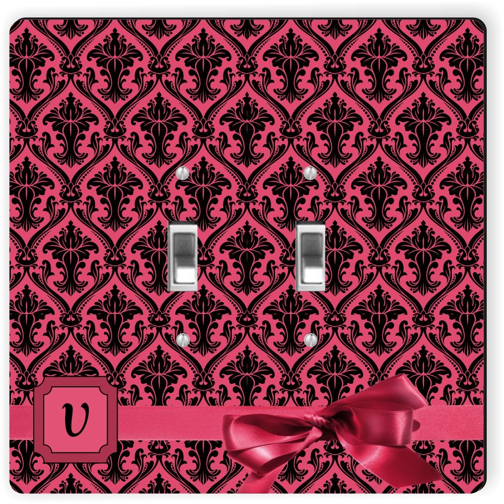 Plaque interrupteur double lettre V rouge au motif damassé