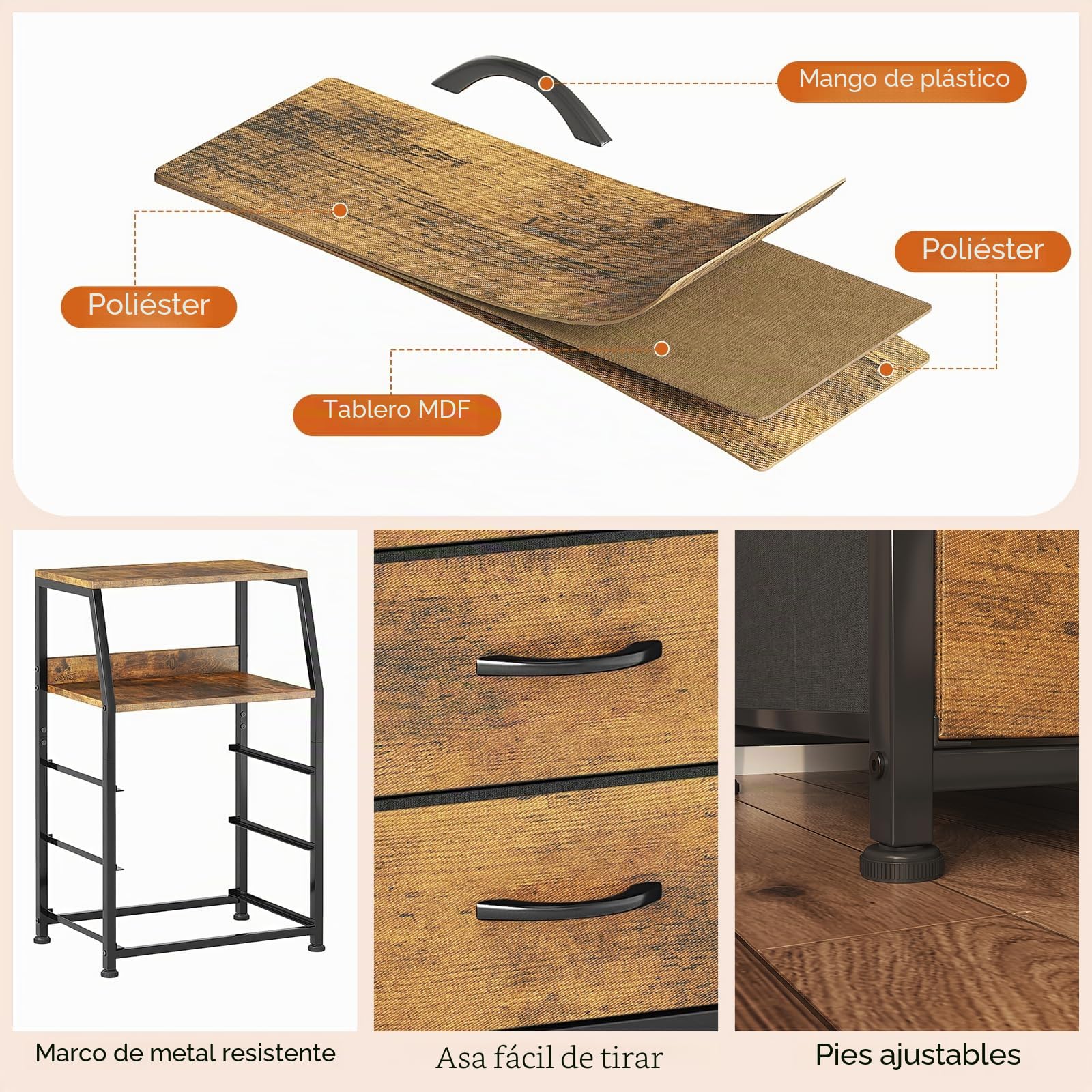 CAIYUN Cómoda, mesita de noche, mesa auxiliar, cómoda con 3 cajones, cómoda para dormitorio, armario, armario de almacenamiento Fácil de montar, estable (Marrón rústico, 3 capas)