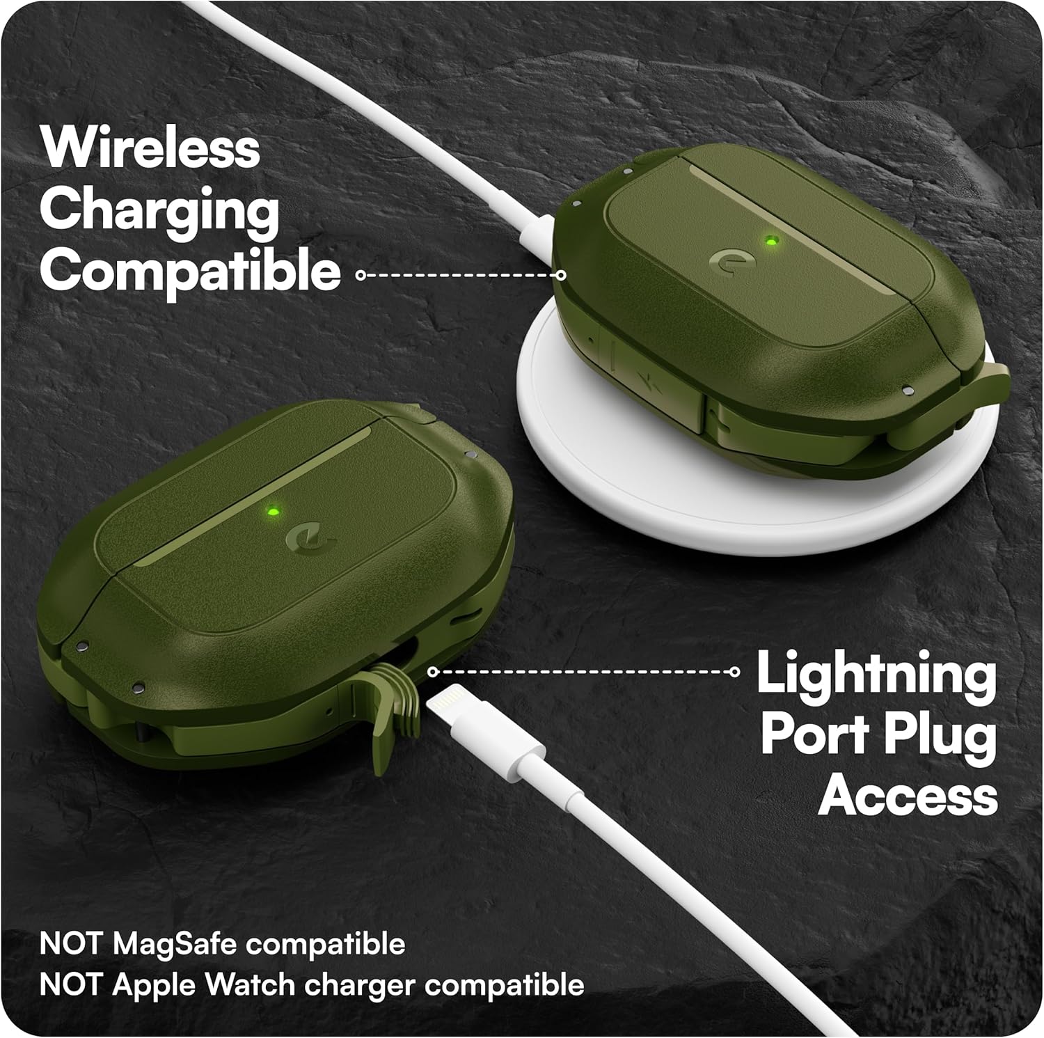 Keybudz for AirPods Pro 2 Case with Lock - Fully Waterproof AirPods Pro 2nd Generation Case Cover - Keychain, Rugged Tough Protection, Hard Shell and Carabiner for USB-C/Lightning (Forest Green)