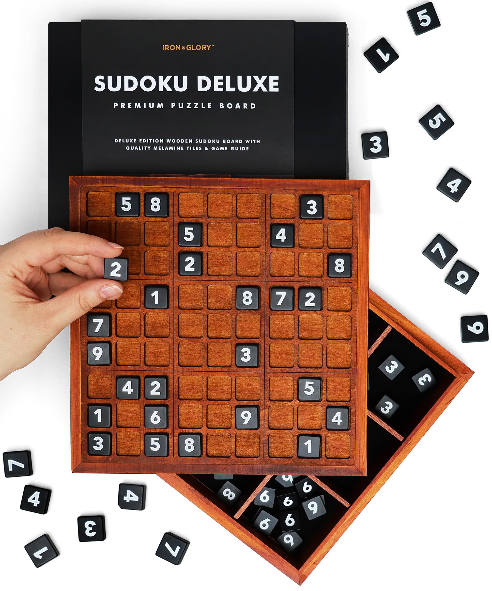 Iron & Glory Deluxe Wooden Sudoku Puzzle Game - Brain Teaser 81 Numbered Melamine Tiles & Comprehensive Guide - Travel Board Game for Friends & Family
