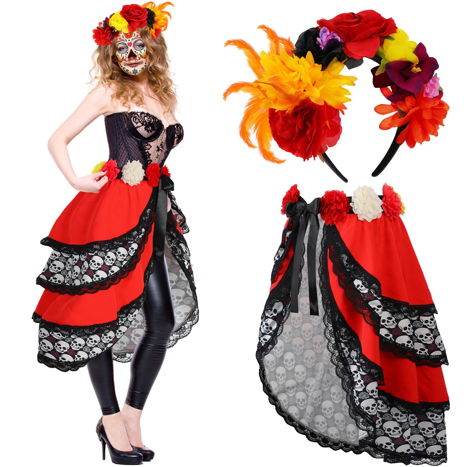 Jeyiour 2 Pcs Day of the Dead Bustle and Headband Set, Multicolor Skull Tie on Bustle Skirt Mexican Rose Flower Crown Headpiece Woman's Day of the Dead Costume for Women Adults