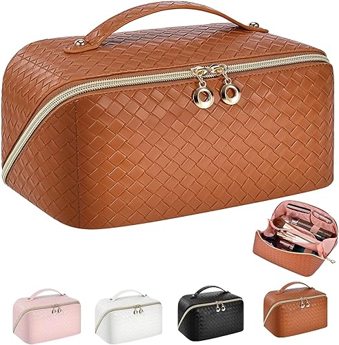 Miniatura 1 de bolsa de maquillaje de viaje de gran capacidad para mujeres, bolsa de cosméticos impermeable de pu portátil, Marrón, A la moda