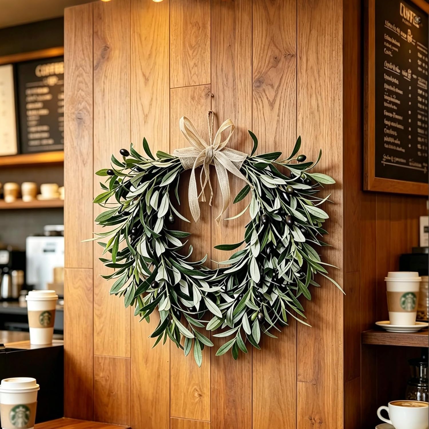 Artificial Olive Wreath for Front Door, 19.68 Inch Artificial Wreaths with Olive Leaf Fruit, Faux Olive Branch Wreaths Home Decor, Year Round Spring Summer Wreath for Outside/Wedding/Entryway (1PCS