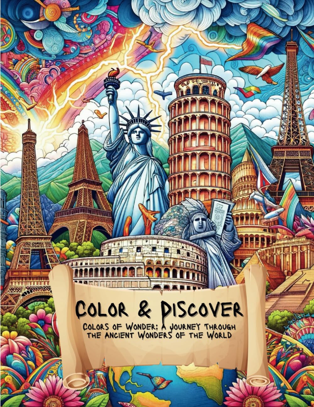 Color & Discover. Colors of Wonder: A Journey Through the Ancient Wonders of the World: Amazing Landmarks coloring book including the 7 wonders.