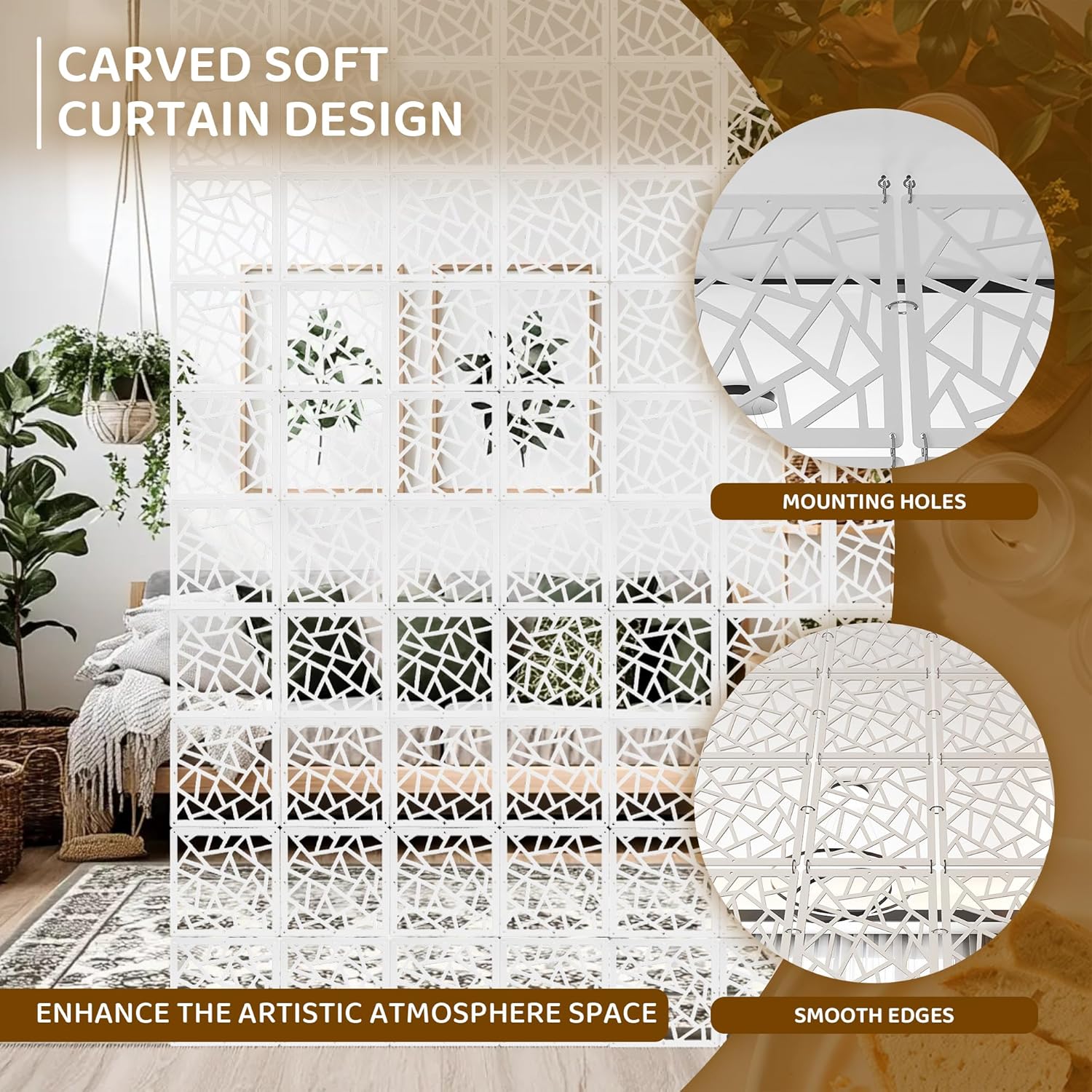 24 Pcs PVC Hanging Room Divider,Flower Carving Pattern Panels,Decorative Wall Screen Panel, Room Divider Partitions Panel Screen for Decorating Bedroom Dining Kitchen Office Studio 29 * 29cm