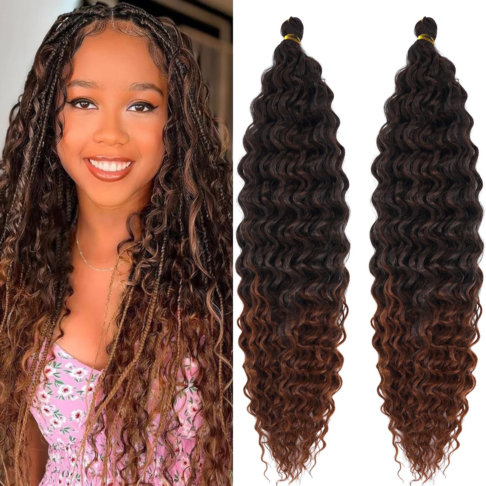 Deep Ocean Wave Crochet Hair 24 Inch Curly Ocean Deep Wave Wavy Braiding Hair 2 Packs 1b/30 Ombre Brown Boho Hair for Braiding Boho Curls Braids