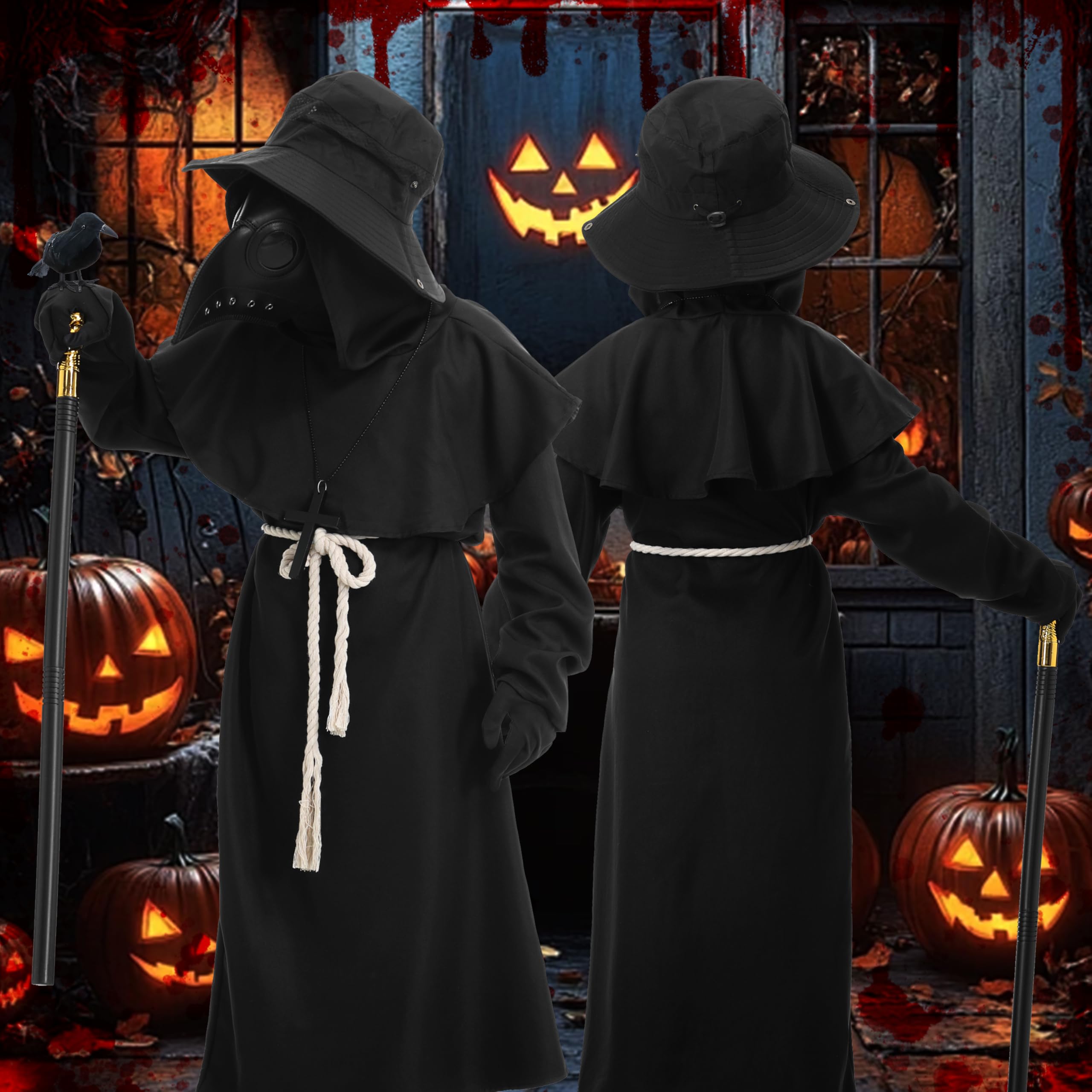 IEEILULU Costume da pestdottore per bambini, Plague Doctor Costume per ragazzo, Medievale Pest Dottore, con maschera di pestdottore, scettro, cappello, Halloween Cospaly Costume per Carnevale (150 cm)