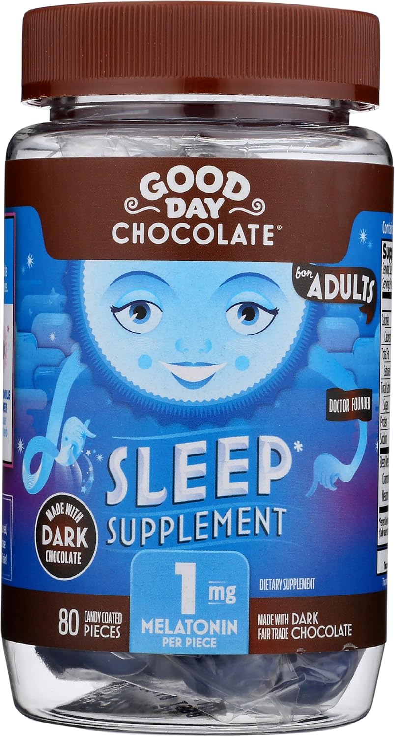 Buona giornata Melatonina al cioccolato fondente per adulti [80 Count] - Commercio equo e solidale Cioccolato fondente non OGM con camomilla e melatonina 1 mg - Melatonina per adulti, Supplemento per aiuti per il sonno naturale per adulti