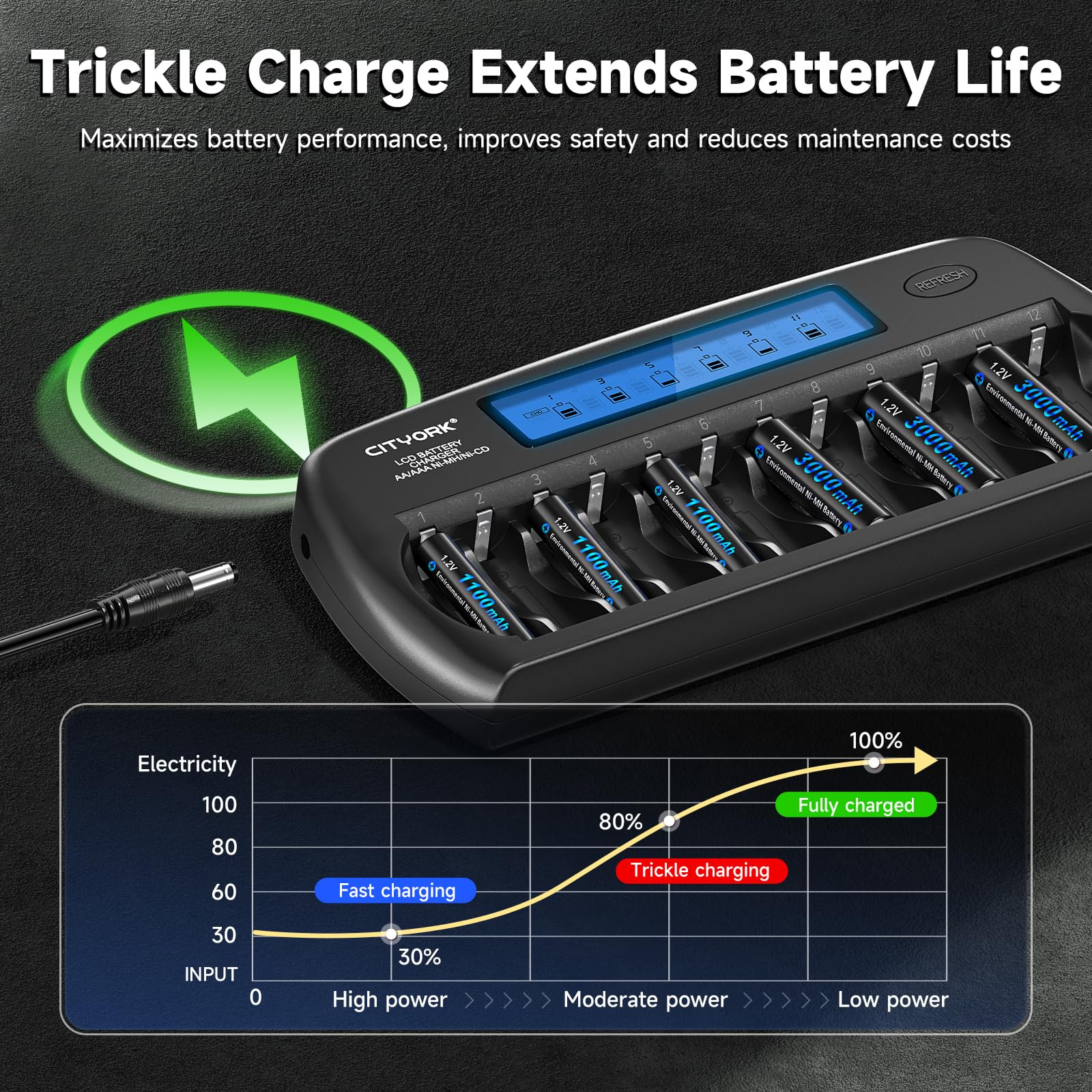 CITYORK Caricabatterie per Pile Ricaricabili AA e AAA, 12 Slot Caricabatterie per batterie AA/AAA Ni-MH/Ni-CD con display LCD intelligente e scarica, protezione IC e alimentatore di rete integrati
