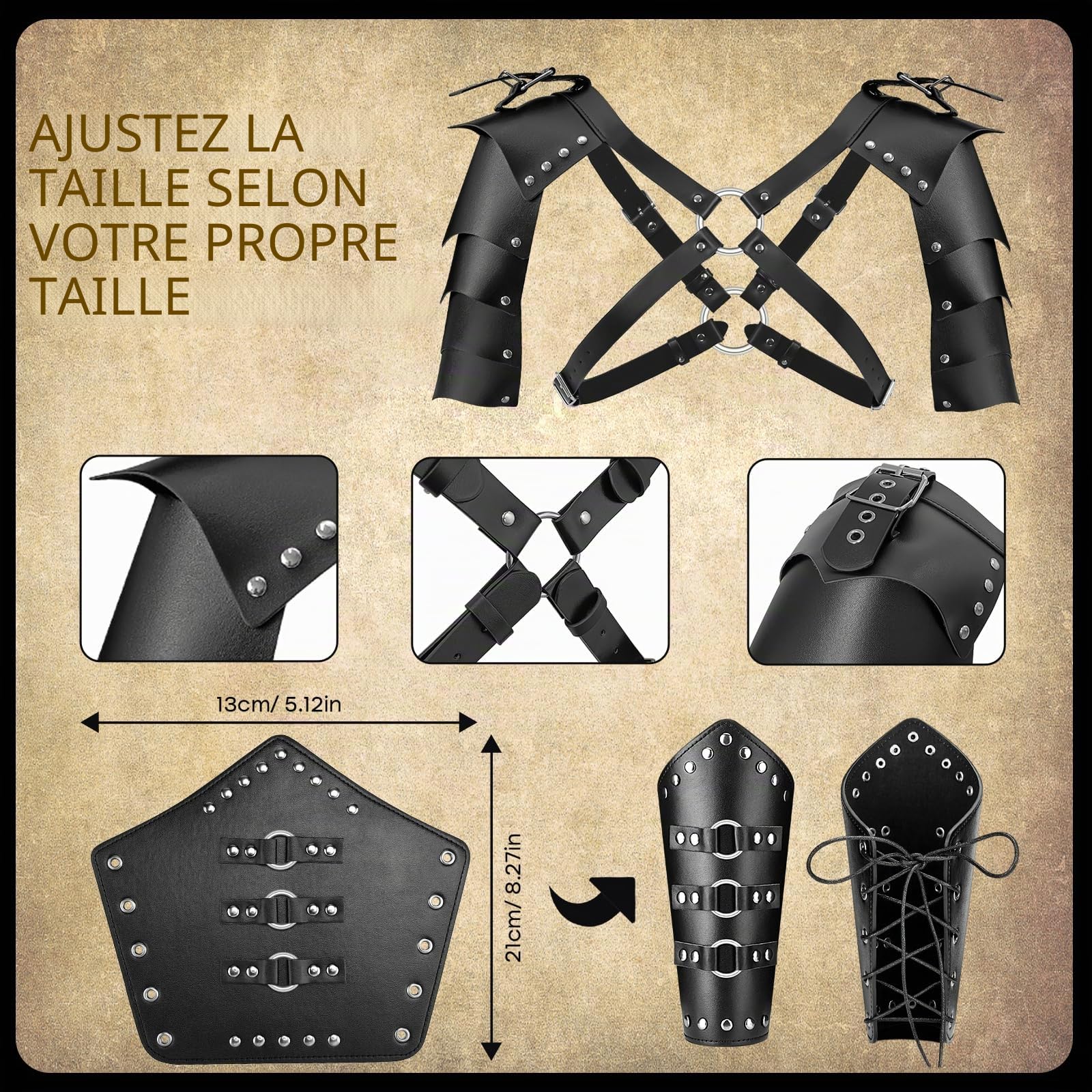 PLULON 9 Pièces Costume chevalier médiéval Hommes Cape à Capuche Rétro Châle Ceinture en Cuir PU Épaule Armure Boucle Brassards Épée Grenouille Porte-Bouteille Bouteille