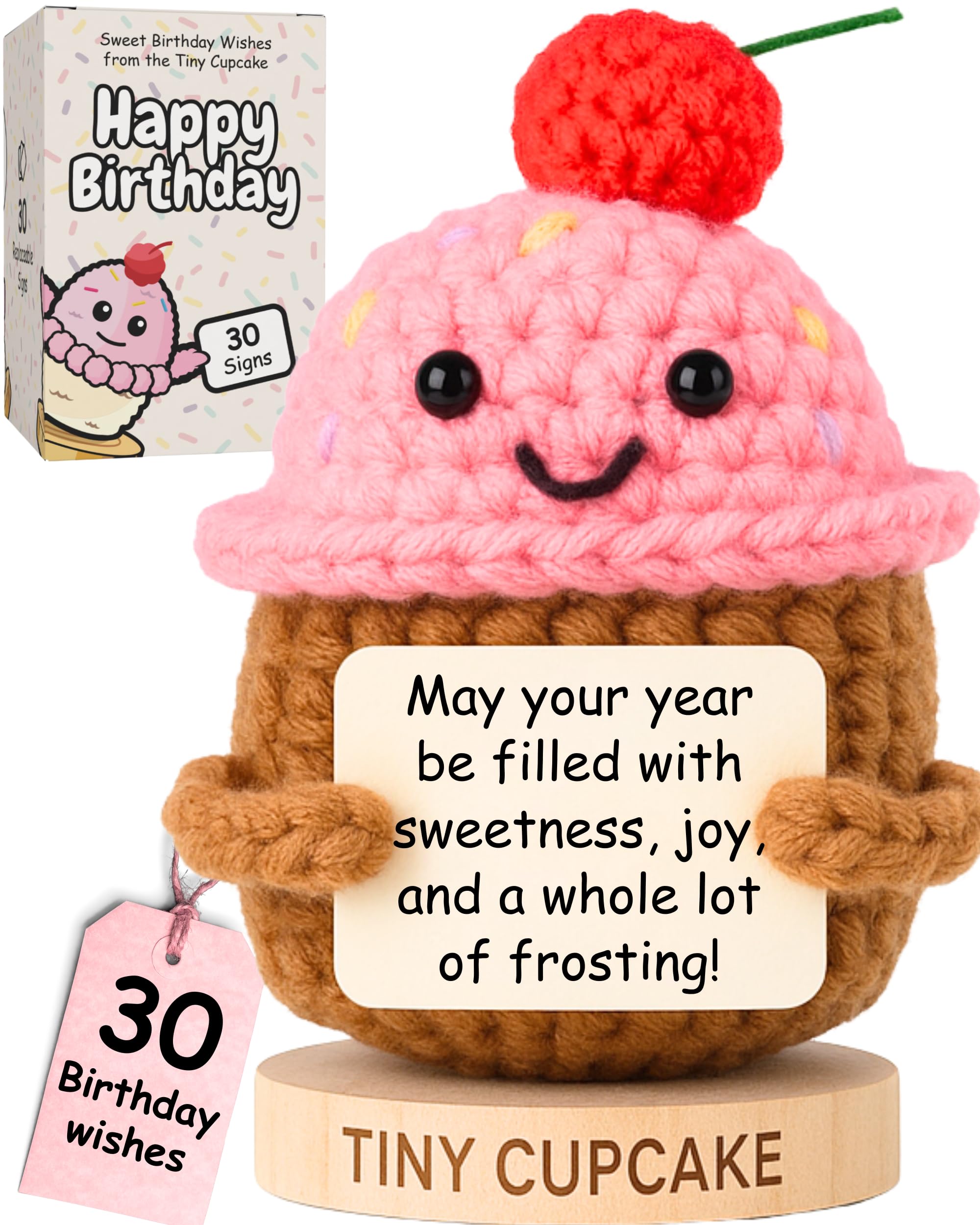 happy birthday gift for women - handmade cupcake crochet with 30 swappable birthday cards  cute bday gift for her friends coworkers teens or adults for 16th 18th 21st 30th and 40th birthdays