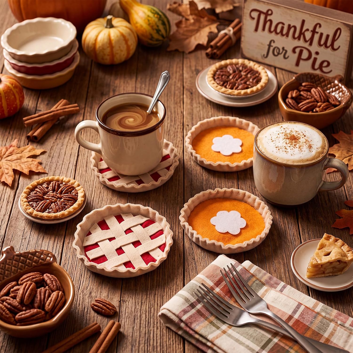 Suclain 4 Pcs Pie Fall Coasters 5.3'' Pumpkin and Berry Pie Felt Coasters
